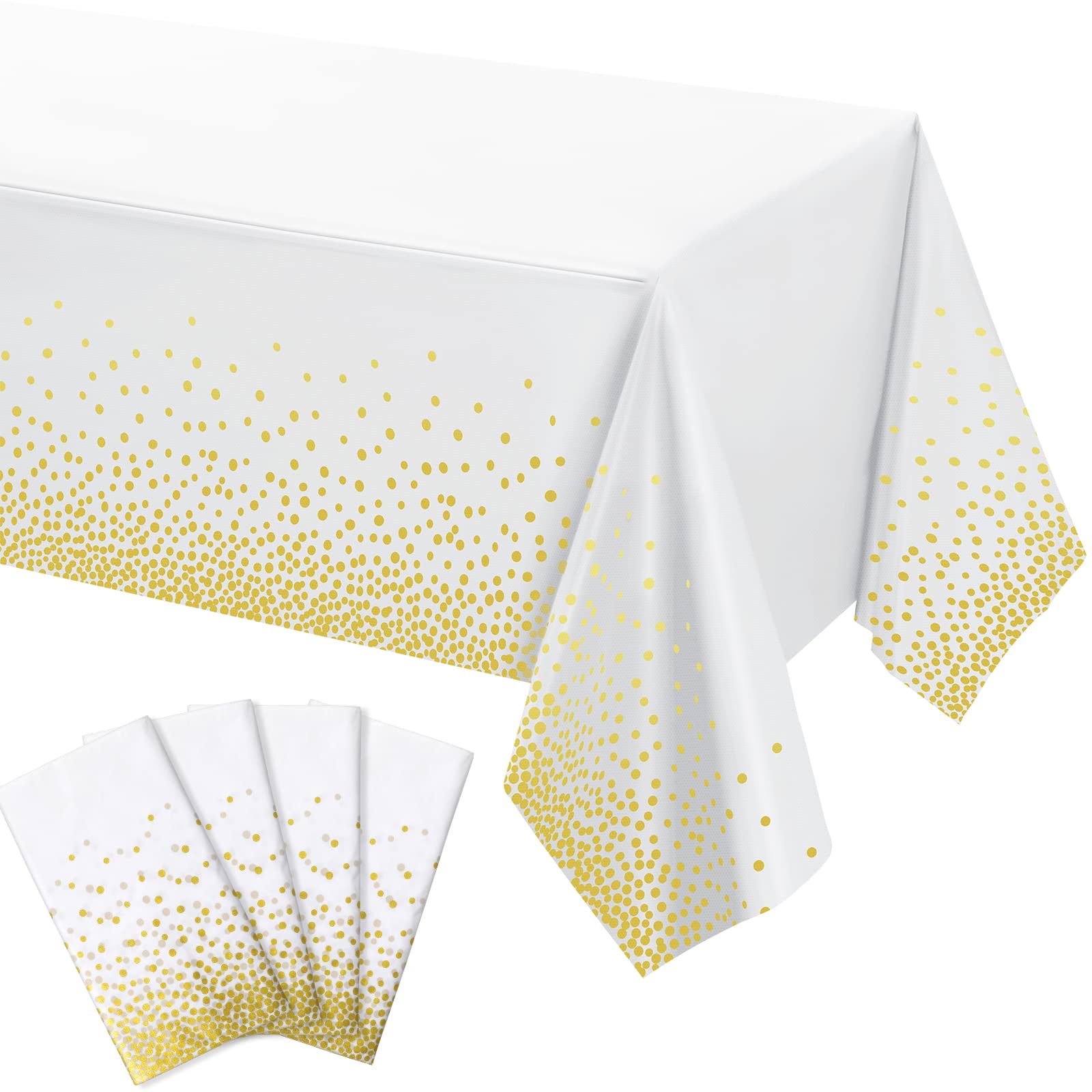 Tegeme 4 Packs White and Gold Plastic Table Cloths Bulk, 108 x 54 Disposable Graduation Ramadan Mubarak Tablecloths Cover with