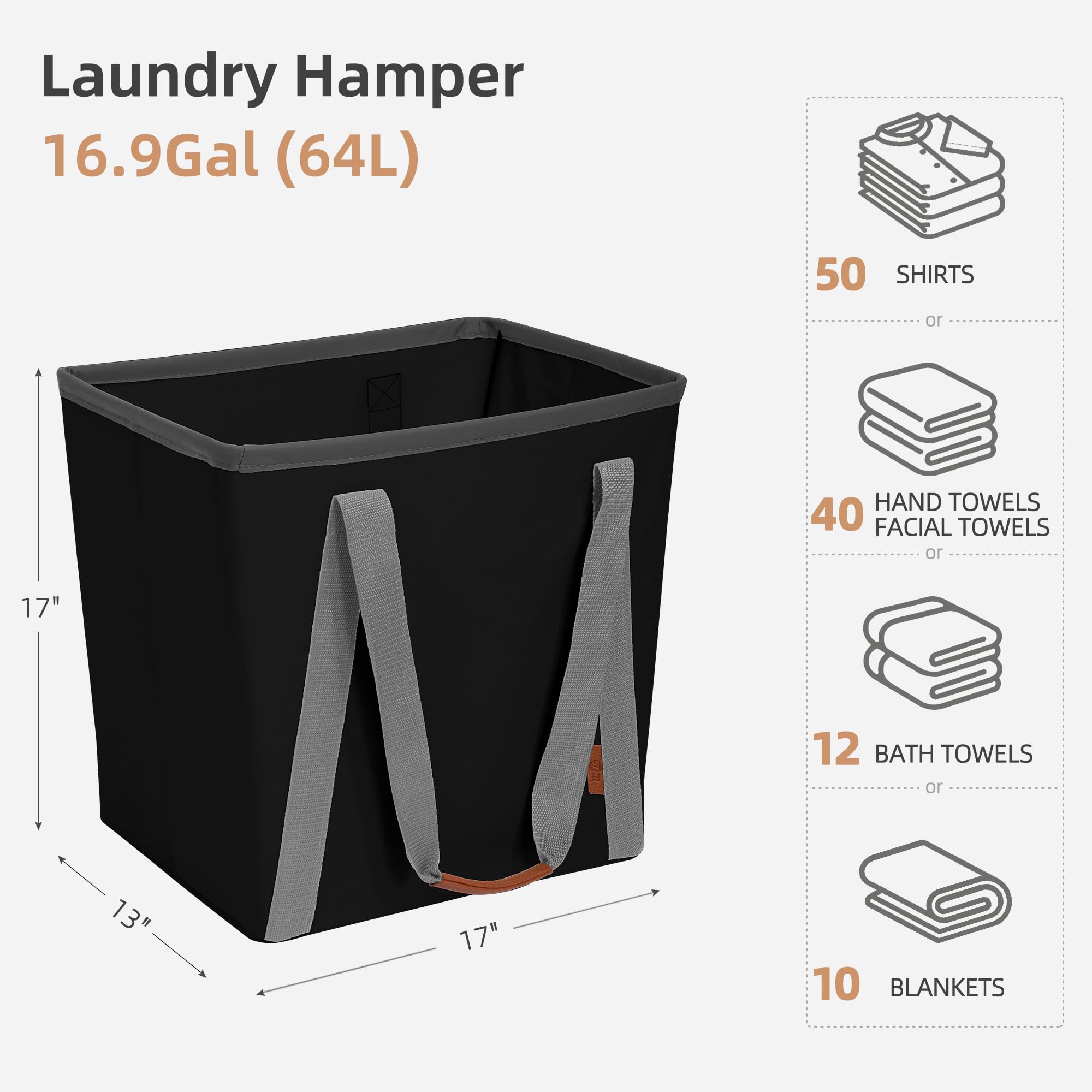 Storage Maniac Collapsible Laundry Caddy, 64L (17 Gal) Large Collapsible Laundry Basket With Sturdy Metal Wire Frame, Long Carry