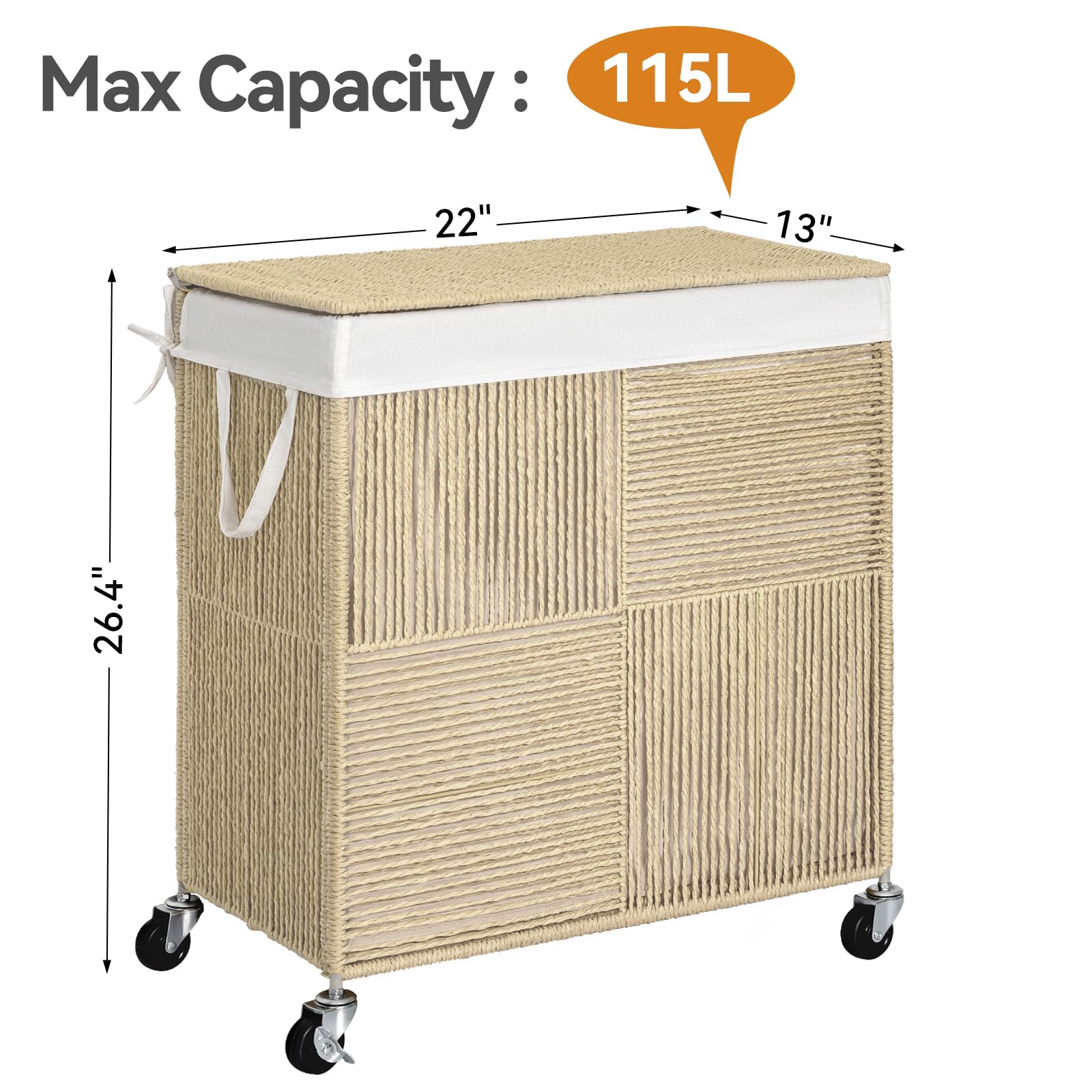 Wowlive Double Laundry Hamper With Lid, Handwoven Rolling Laundry Basket With Wheels, 115L Dirty Clothes Hamper With Removable L