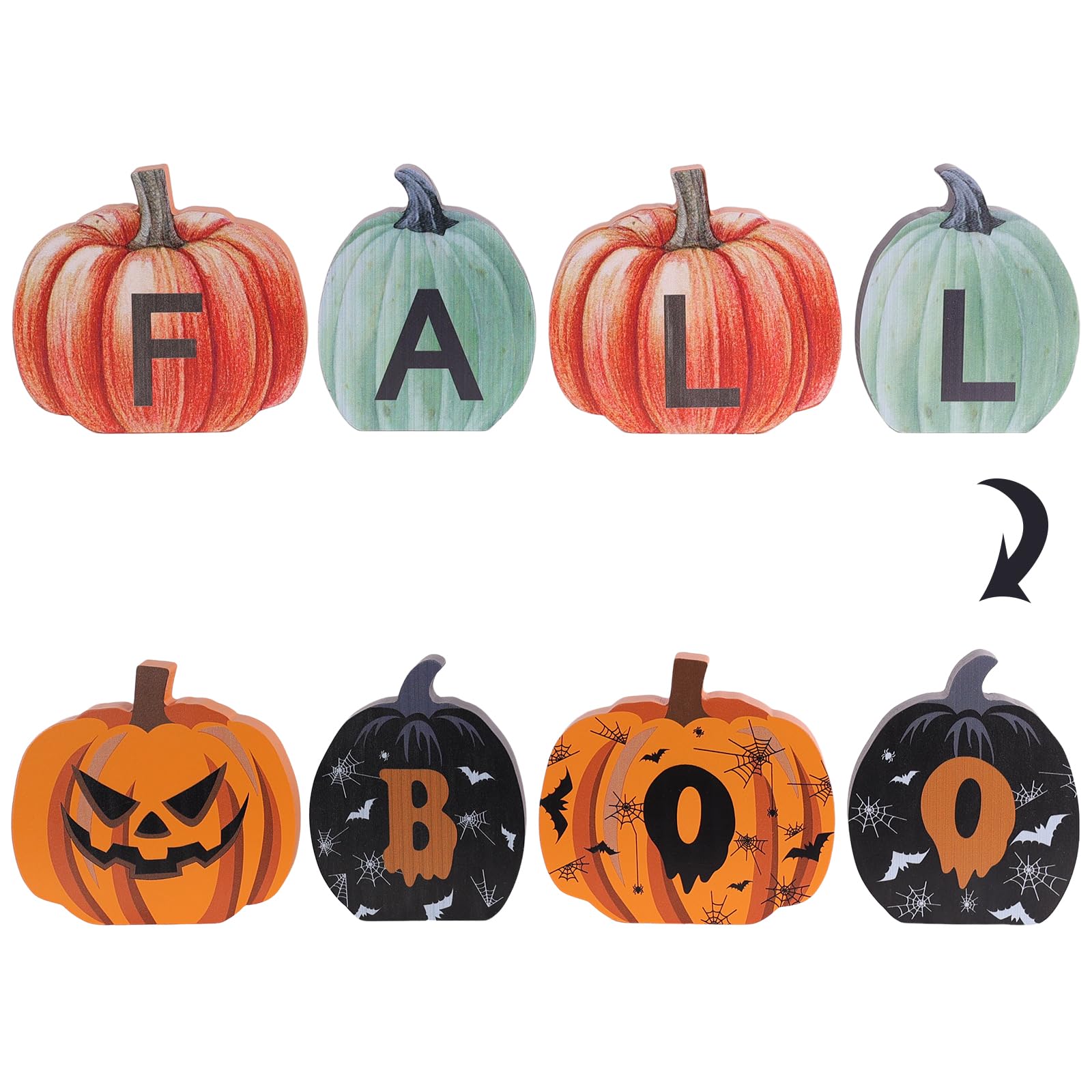 Fall Decorations for Home & Halloween Decorations Indoor, DECSPAS Double-sided Pumpkin Wood Sign with Fall & BOO Lettered, Autum