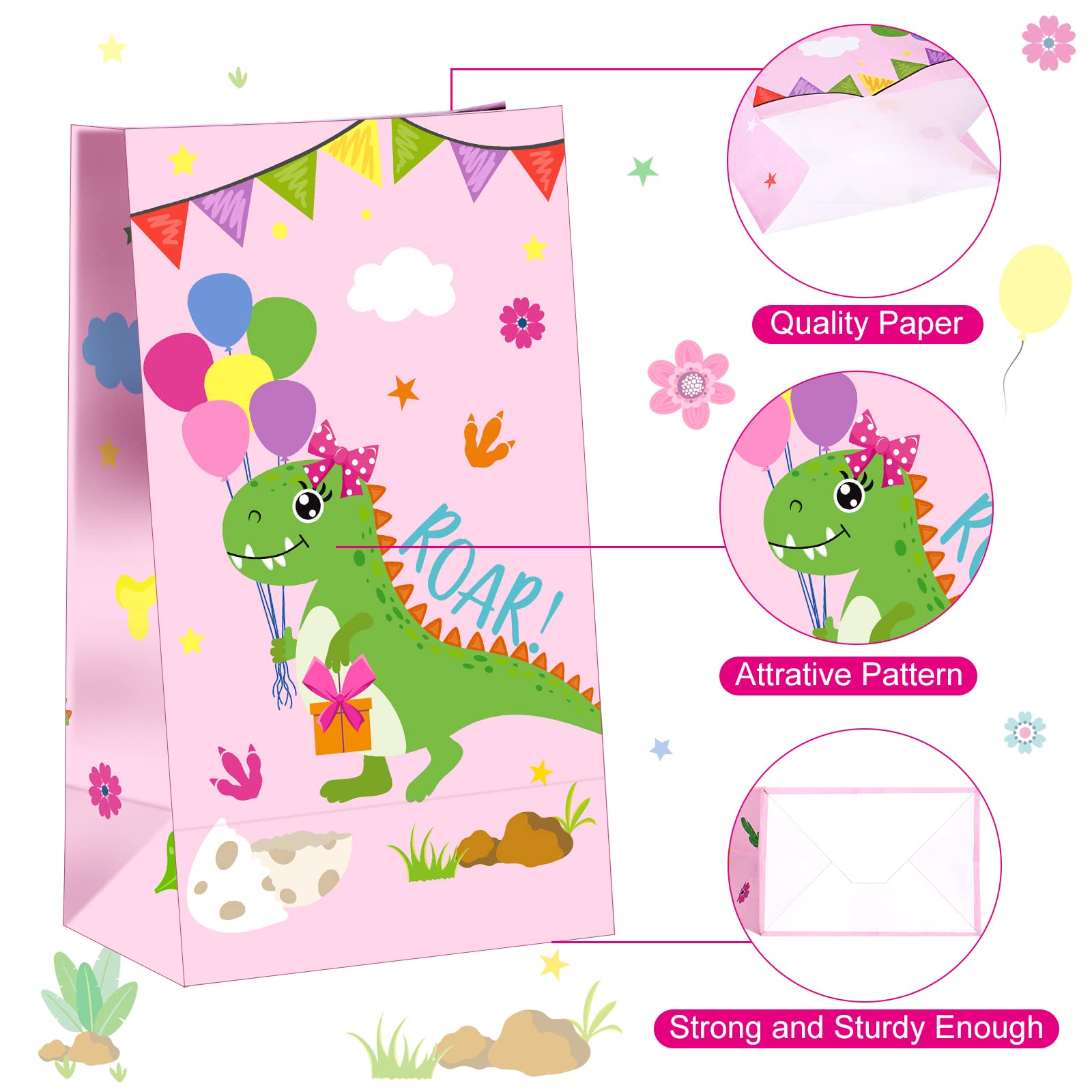 24 Pieces Dinosaur Party Bags Dino Candy Favor Bags With Stickers Pink Goodie Treat Gift Bags For Kids Girls Dinosaur Birthday P