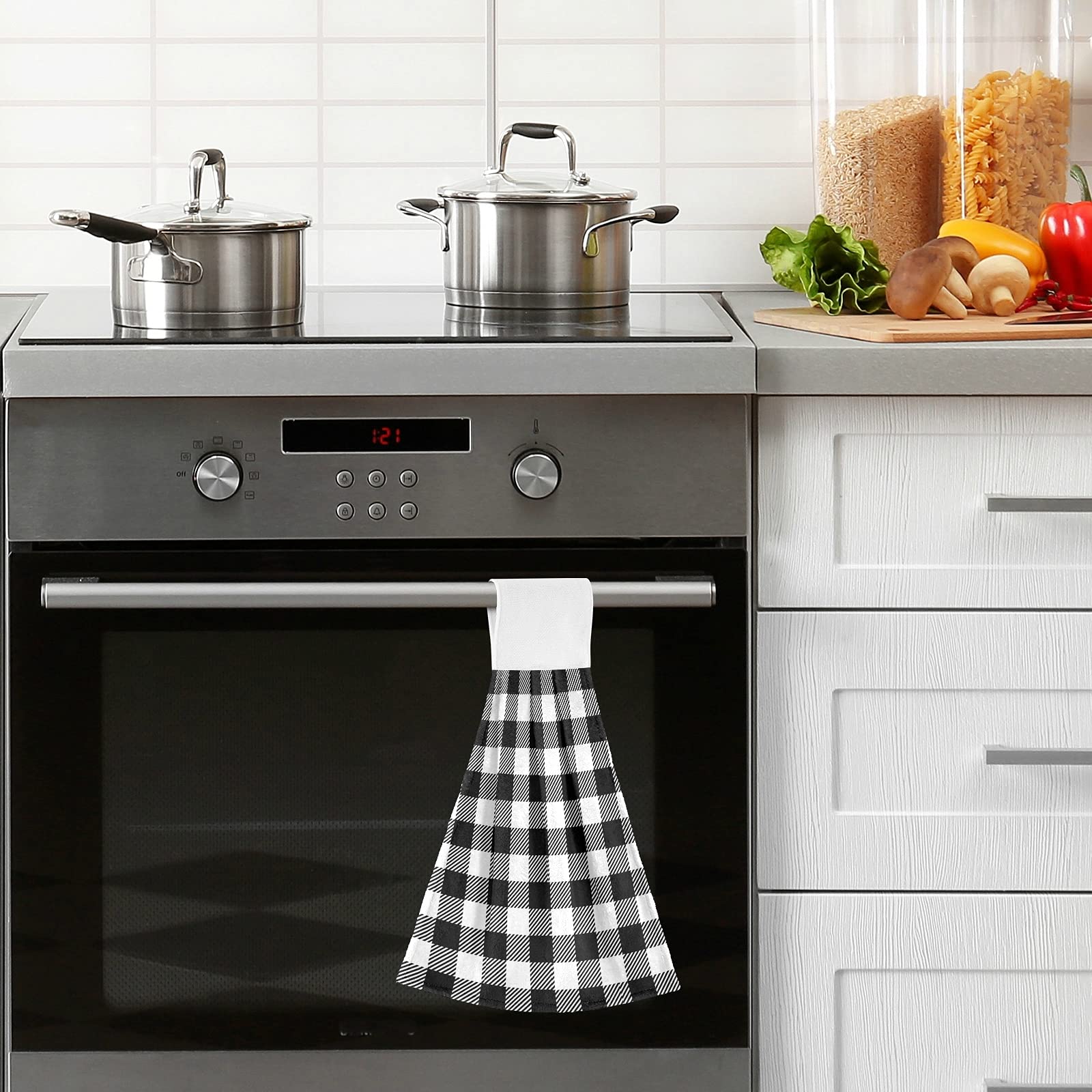 Oarencol Black And White Buffalo Check Plaid Kitchen Hand Towel Absorbent Hanging Tie Towels With Loop For Bathroom 2 Pcs