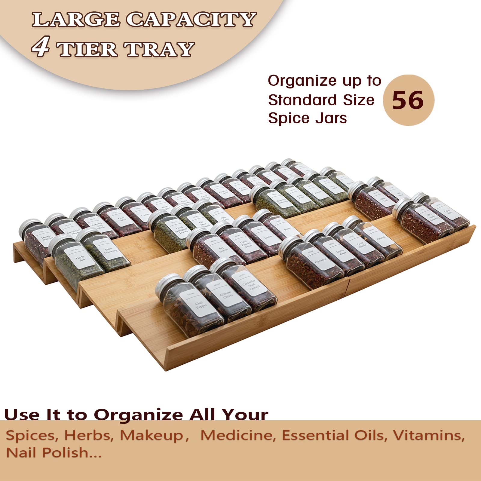 Angimio Bamboo Spice Rack Drawer Organizer - 8 Pieces Set- 13'' Wide Per Piece - Combine Pieces Into 26'' Wide Rack (13'' or 26'