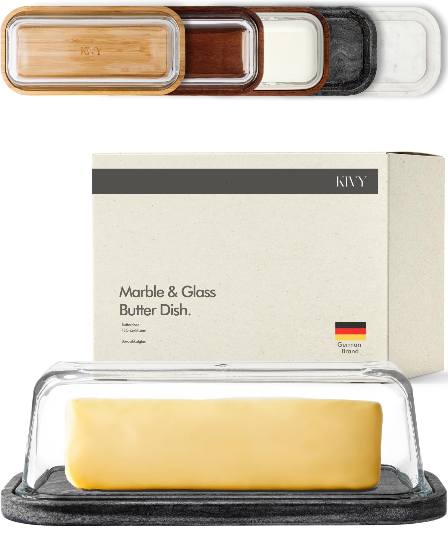 KIVY Butter Dish (Black Marble & Glass) - For countertop and refrigerator door shelf - Marble butter keeper - Stone butter dish 