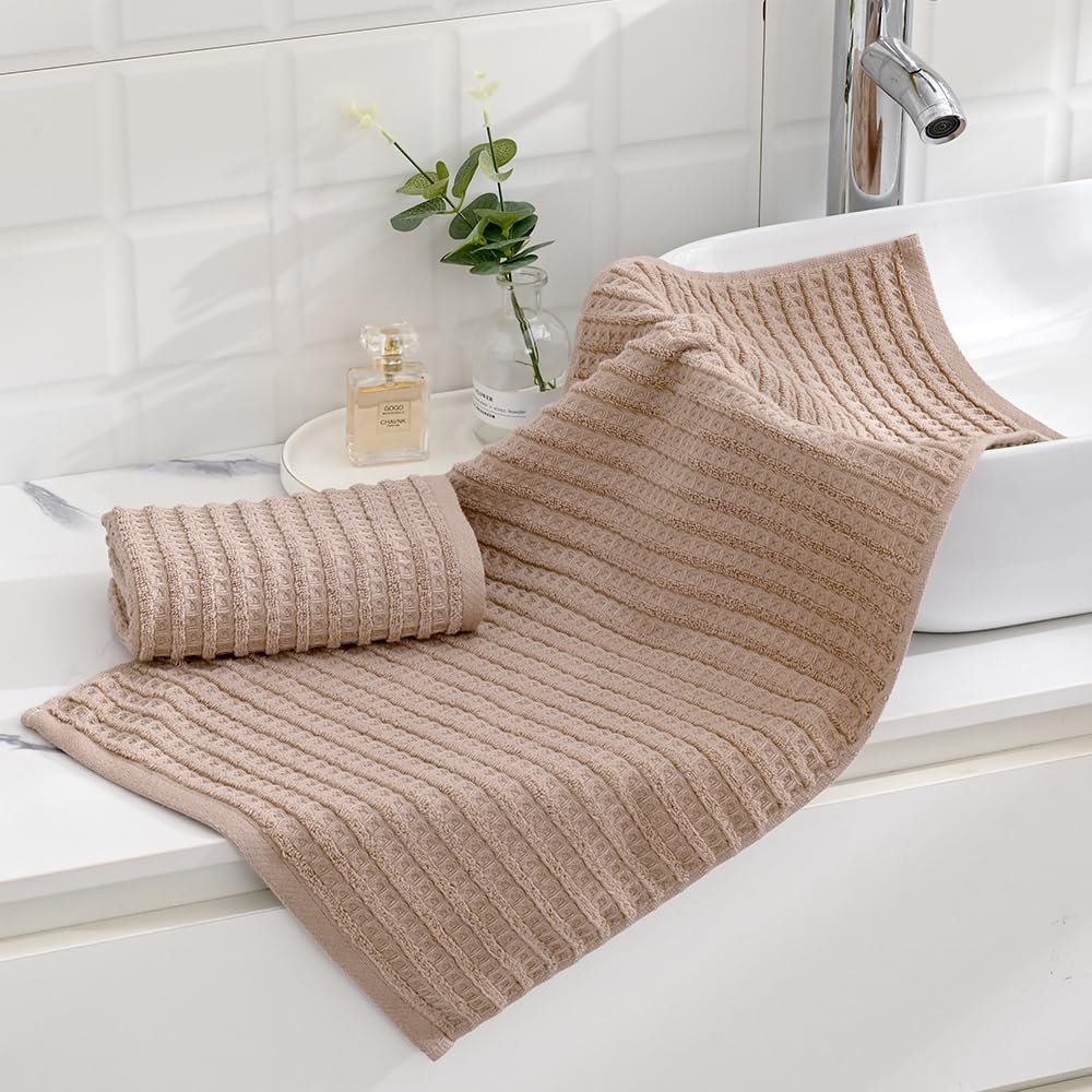 Sense Gnosis Brown Hand Towel Set Of 2 Waffle With Terry Striped Pattern 100% Cotton Ultra Soft Absorbent Towels For Bathroom Ki