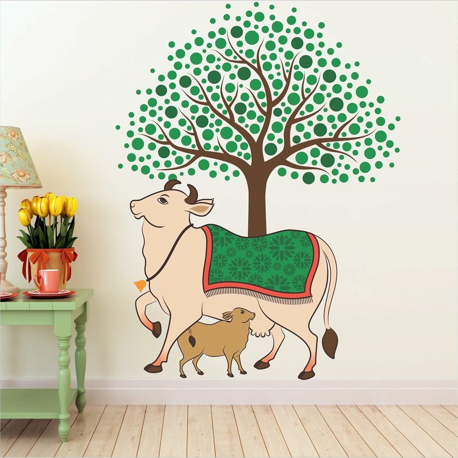 GADGETS WRAP Kamdhenu Holy Cow and Calf Hindu Religion Tree Wall Decal Vinyl for Home Office Room Decoration