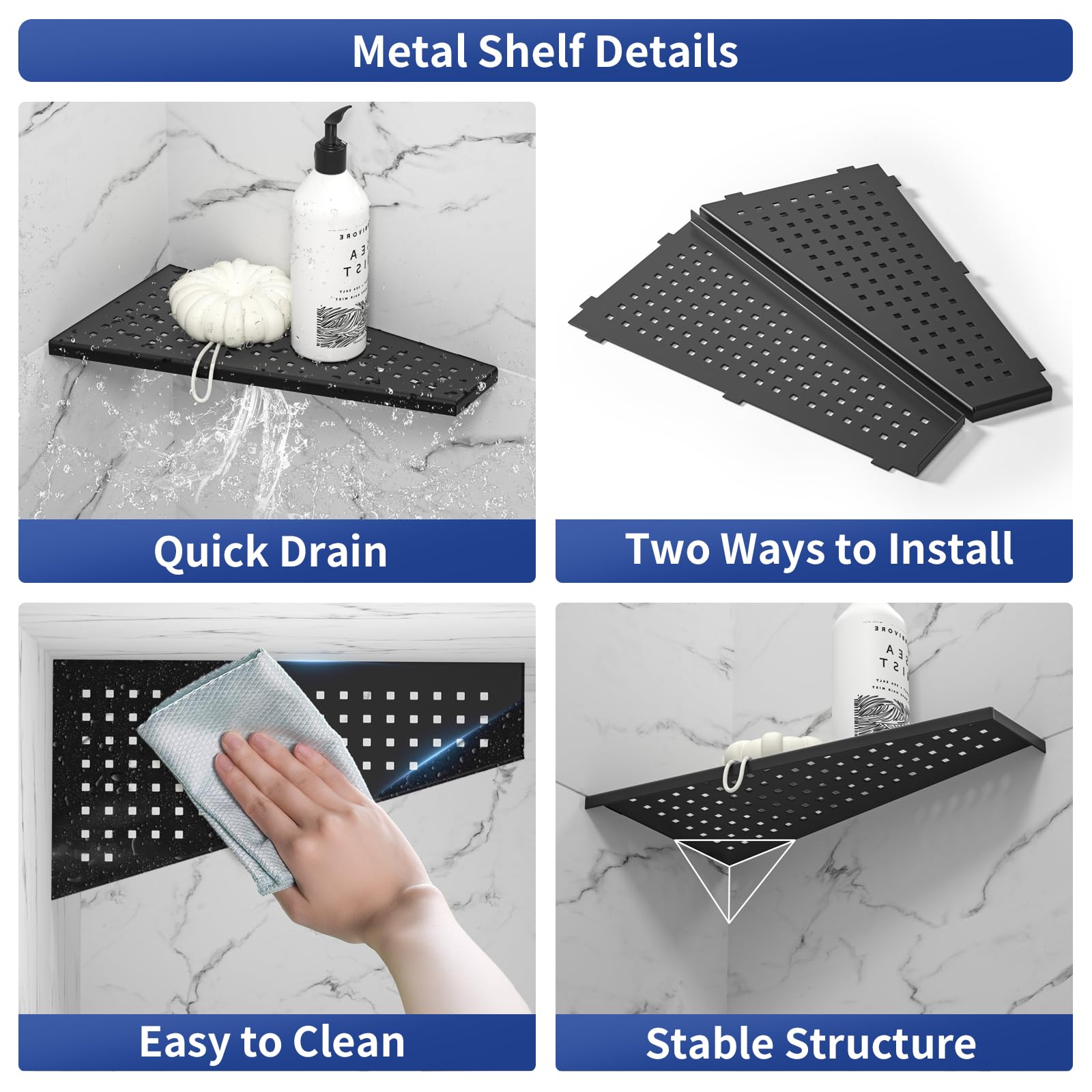 Bernkot Corner Shower Shelf, Matte Black 12'' Trapezoid Floating Shampoo Shelf, 304 Stainless Steel Grid Design Recessed Bathroo