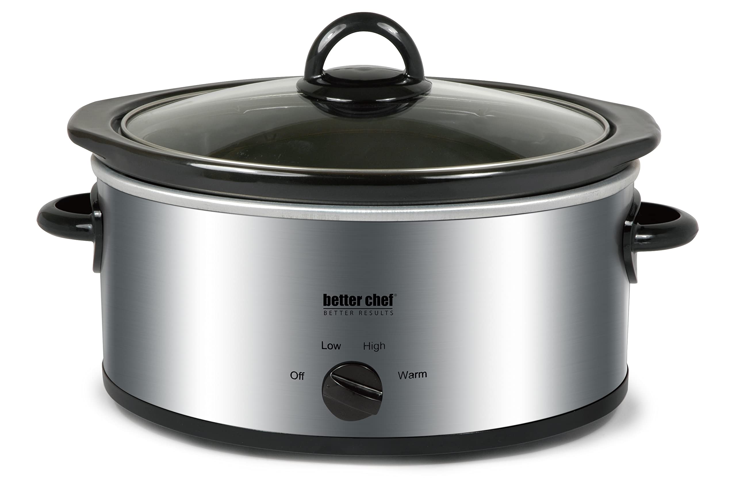 Better Chef Oval Slow Cooker | 3-Quart | 3-Tempature Settings | Side Handles | Glass Lid | Enamel Stoneware Insert (Stainless-St