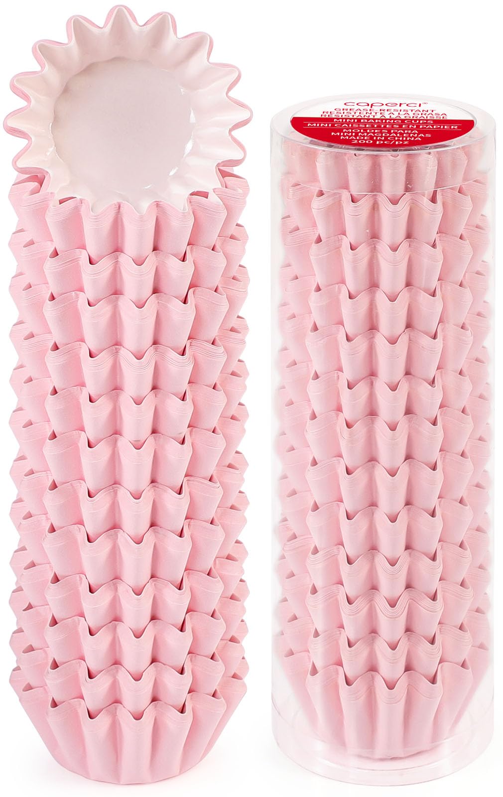 Caperci Grease-Resistant Pink Mini Cupcake Liners 200 Counts - Heavy Duty Paper Muffin Baking Cups, Odorless, No Muffin Pan Need