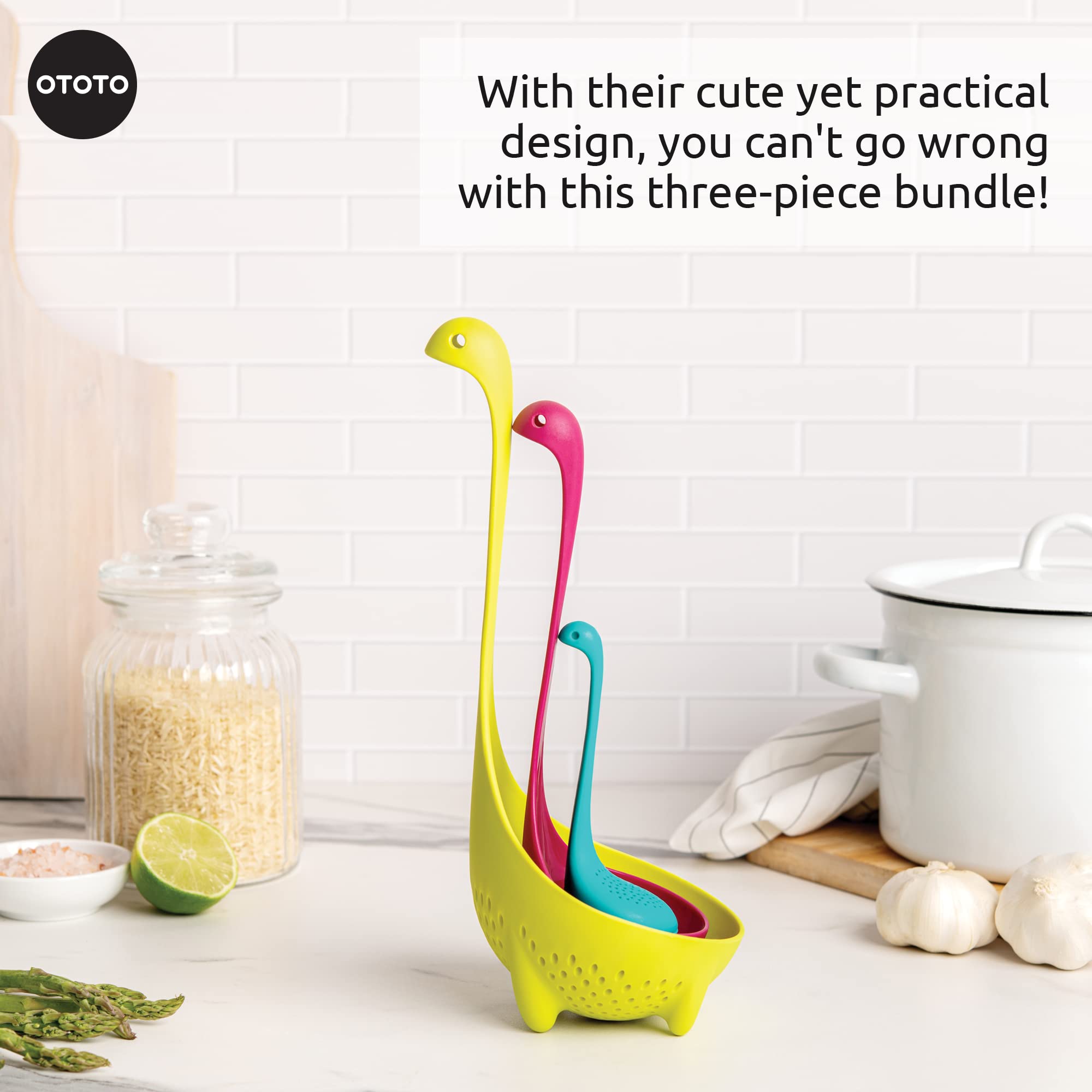The Nessie Family By Ototo - Pack Of 3 Tea Infuser, Soup Ladle, And Colander - Cute Kitchen Accessories, Cooking Gifts, Funny Ki