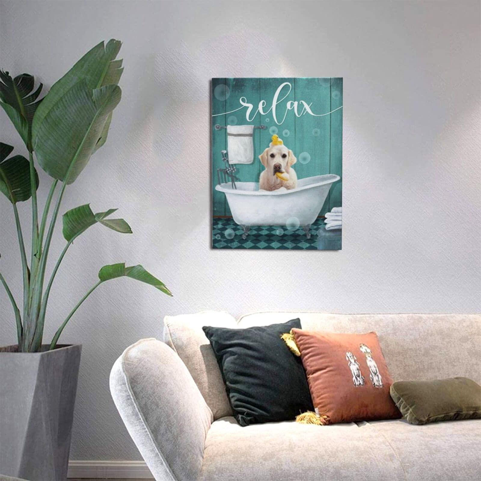 Kuphsod Dog In Bathtub Wall Art Canvas Bathroom Decor Funny Dog Sitting In Bathtub Print Paintings Modern Bathtub Artwork Wall D