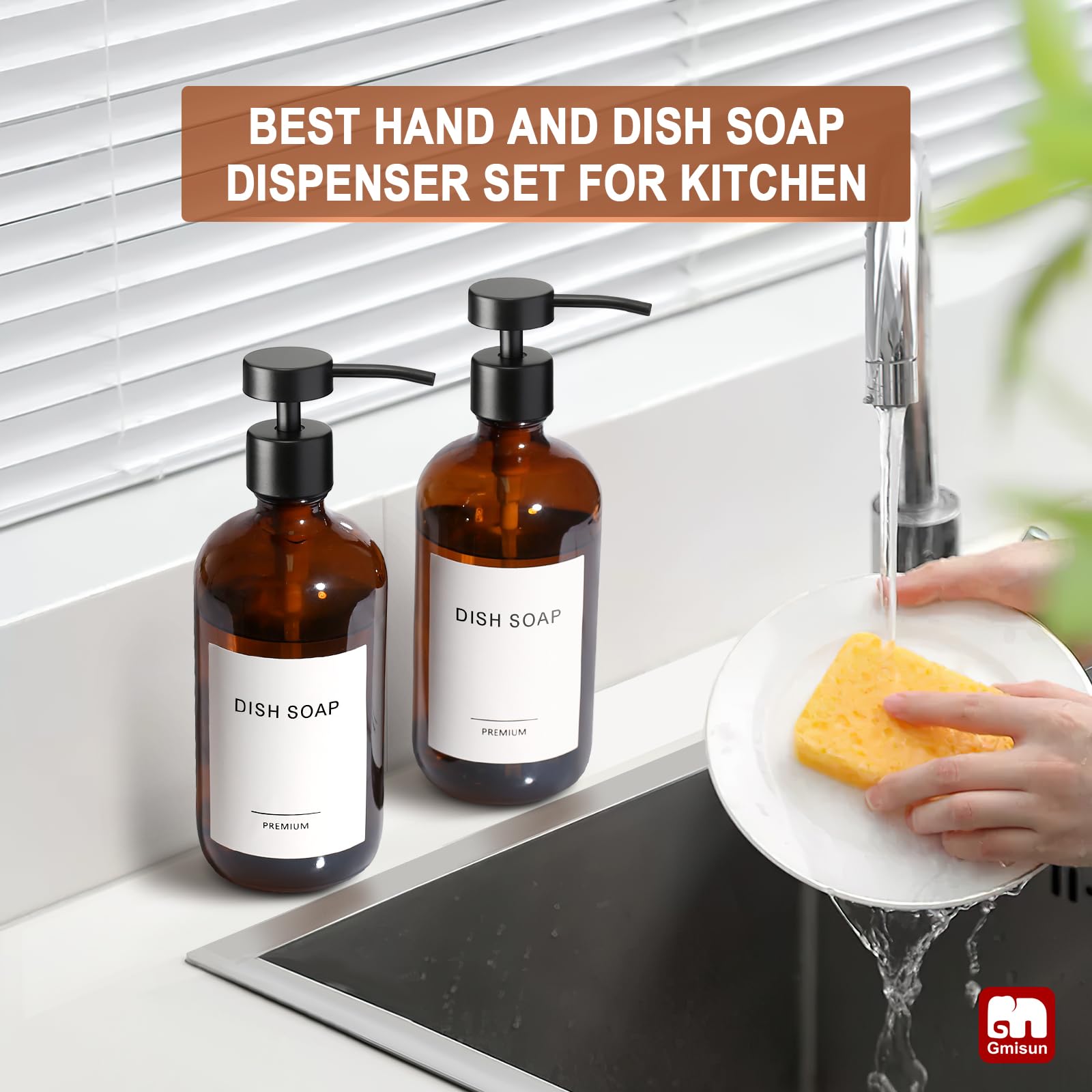 Gmisun Amber Glass Soap Dispenser, 2 Pack Bathroom Hand Soap Dispenser With Stainless Steel Flat Pump, 16Oz Kitchen Hand And Dis