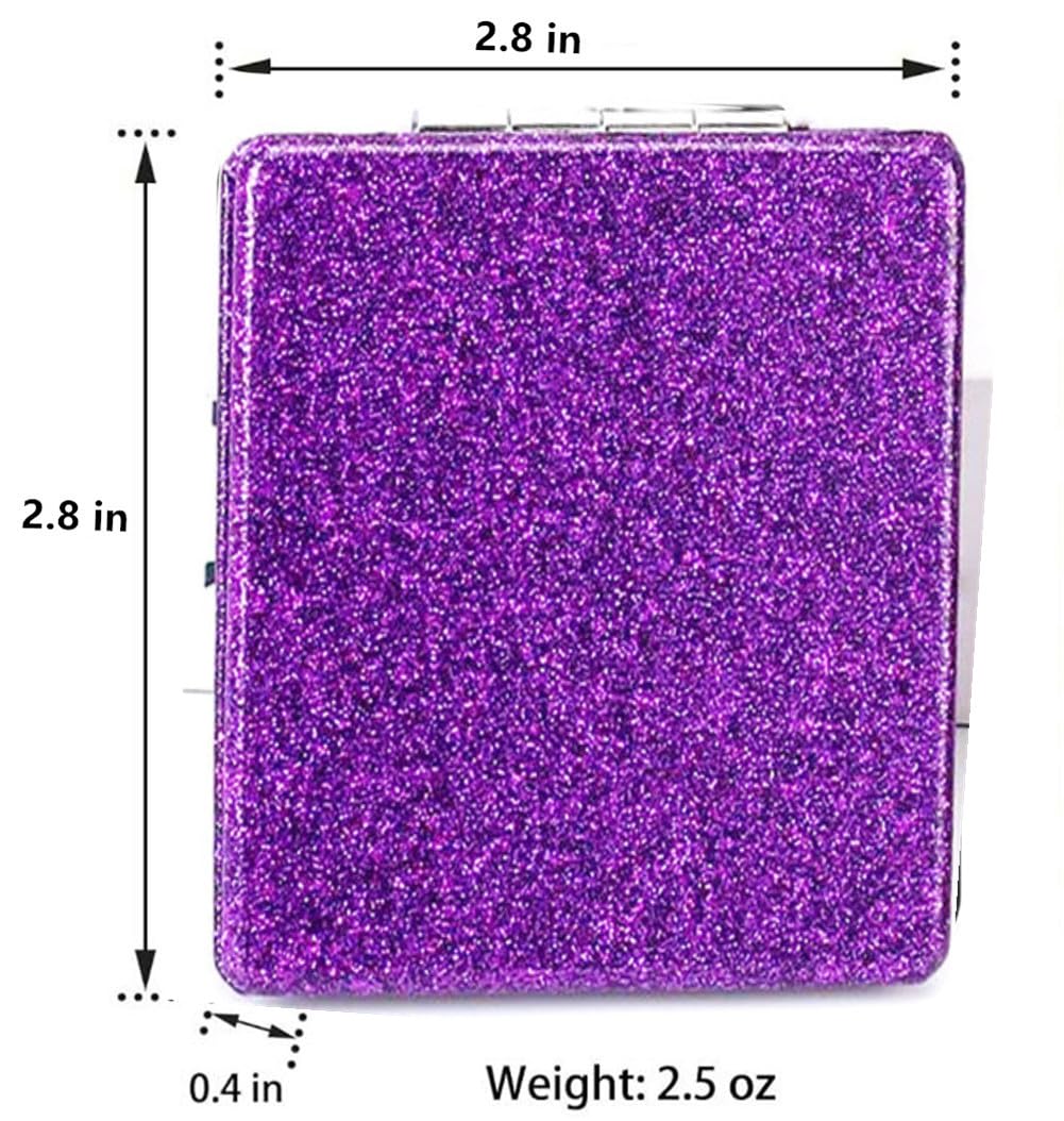 Mpowtech Square Purple Compact Mirror For Women,Small Magnifying Travel Mirror With Glitter,Portable 2 X 1X Magnification Foldin