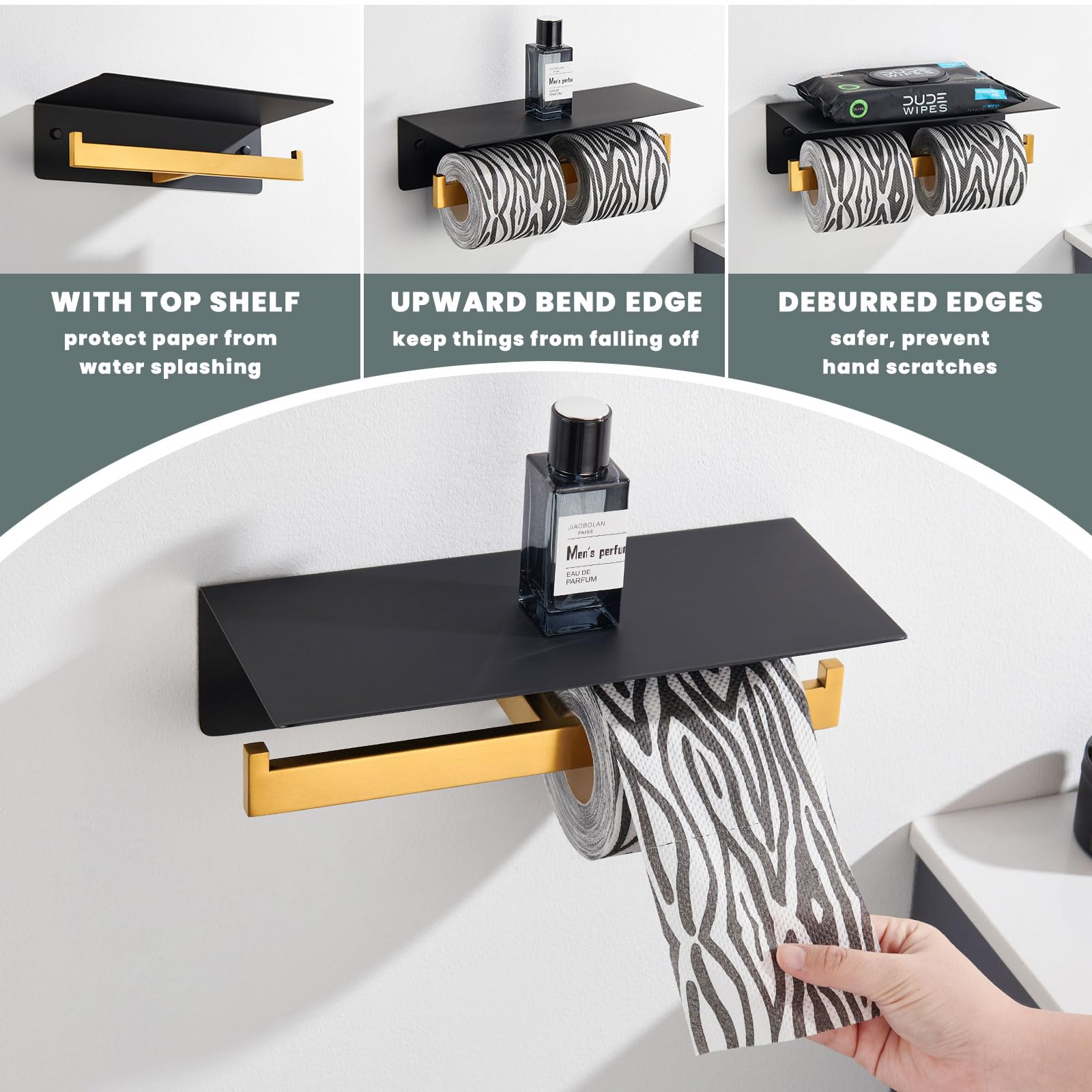 Black & Gold Toilet Paper Holder With Shelf, Suyar 304 Stainless Steel Double Toilet Tissue Roll Holder With Phone Storage Shelf