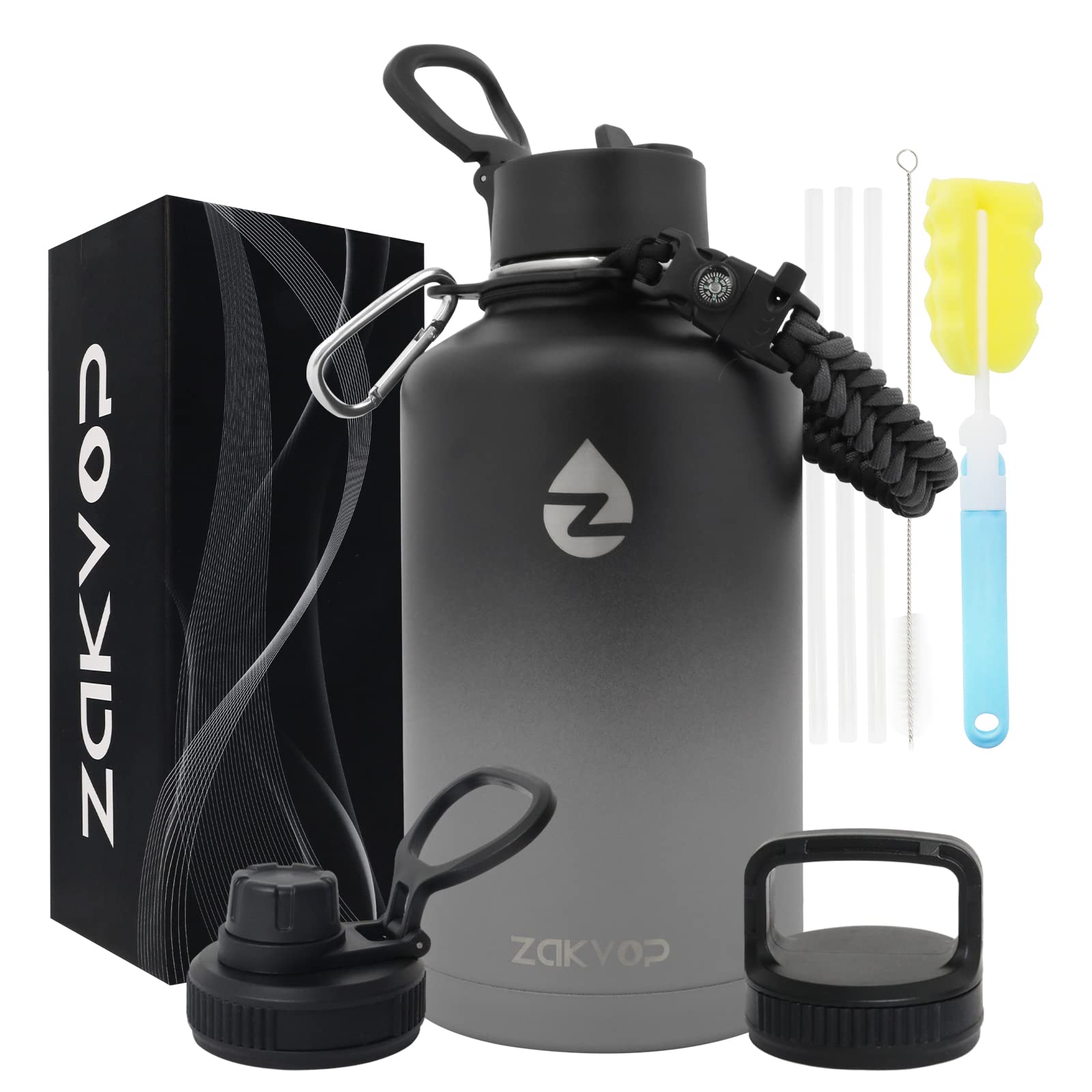 Zakvop 64 Oz Insulated Water Bottle With Straws&3 Lids, Zakvop Half Gallon Water Bottle Stainless Steel Double Walled, Big Water