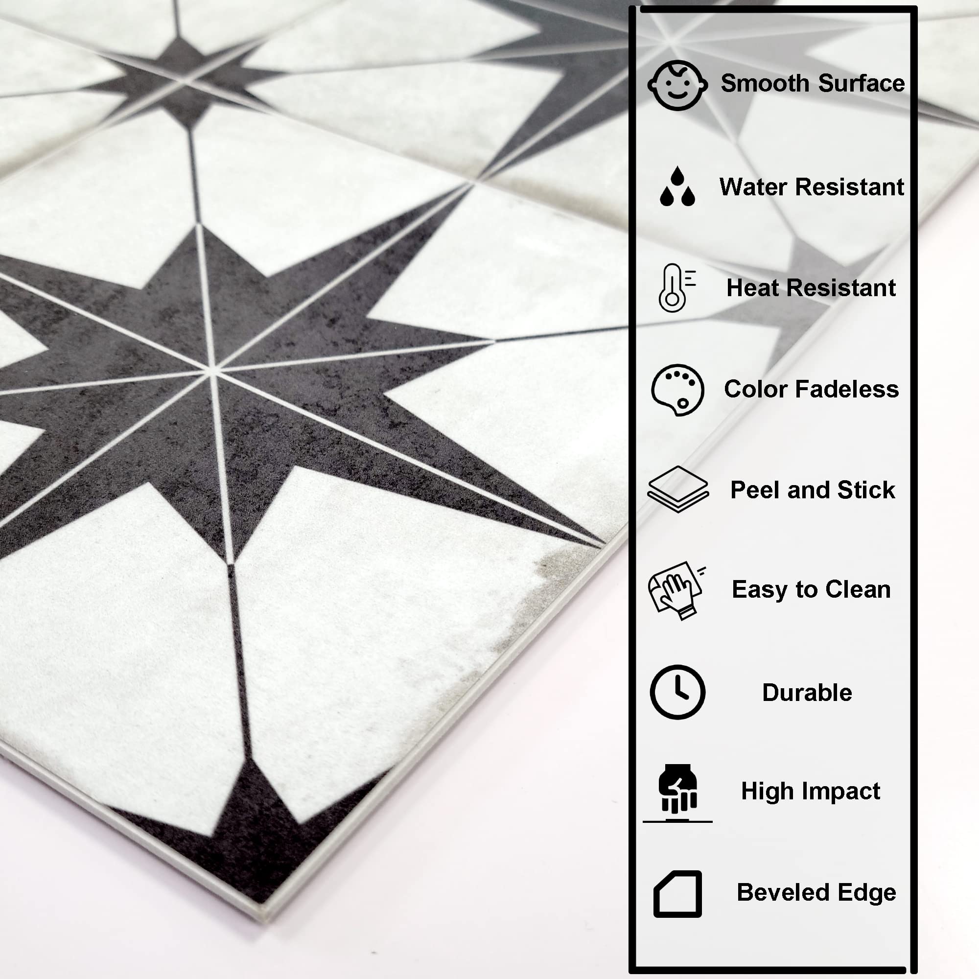 Peel And Stick Encaustic Backsplash Tile. Black Star Patterned Stick On Tile. Self-Adhesive Wall Tile Sticker For Kitchen Bathro