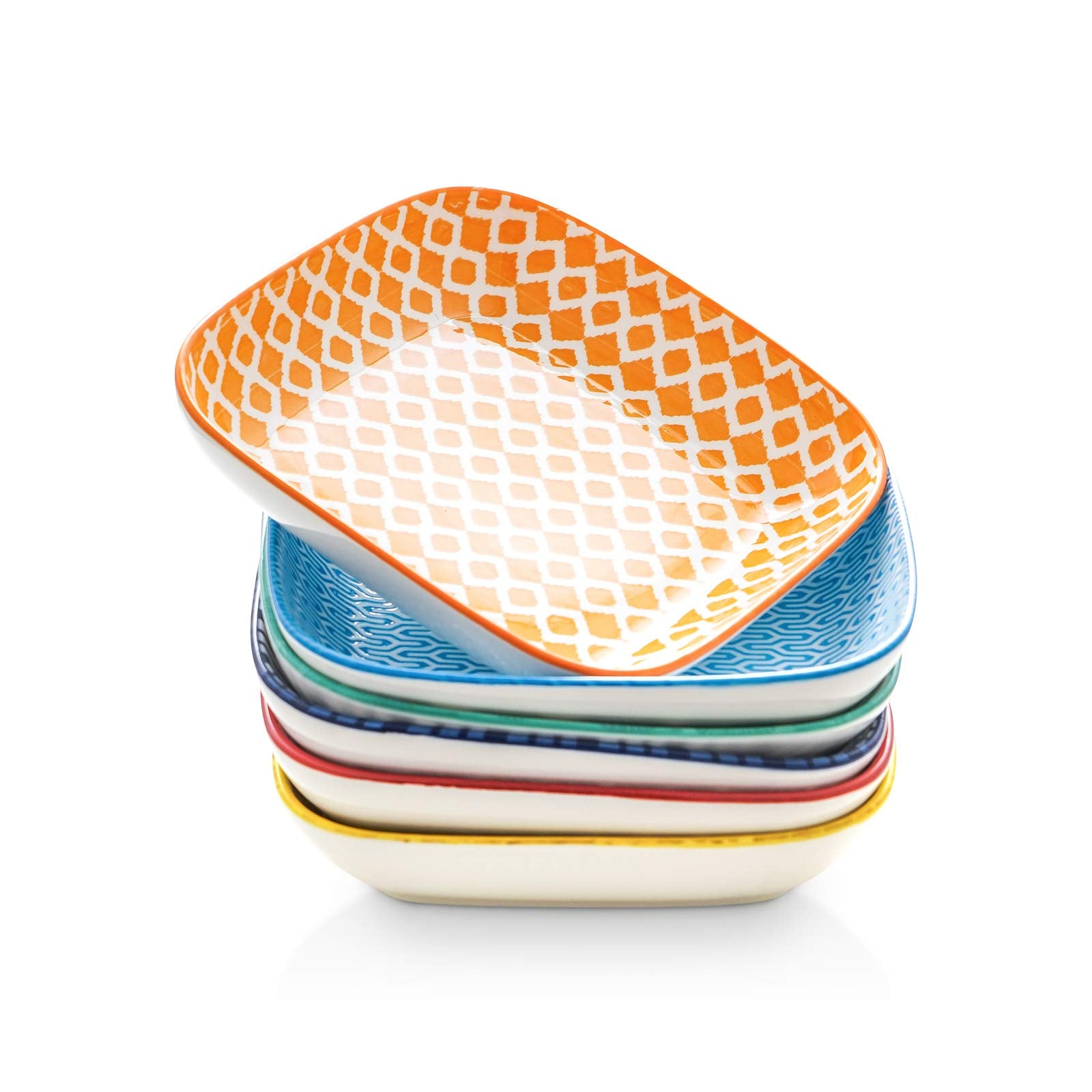 Selamica Porcelain 8-Inch Square Dinner Plates, Salad Pasta Bowls, Set Of 6, Assorted Colors