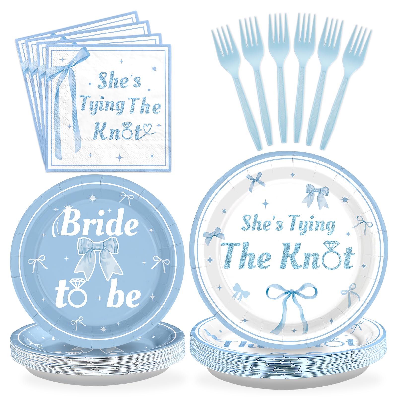 Grencian 96 Pcs Blue Bow Bridal Shower Decorations Blue Bow Bride to Be Party Plates She Tying The Knot Paper Tableware for Brid