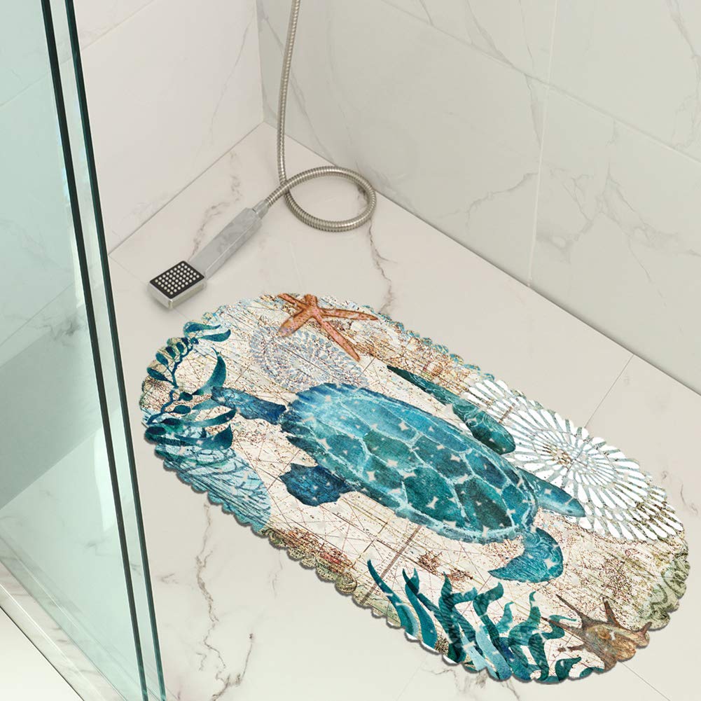 Molfuj Non Slip Sea Turtle Bathtub Mat With Suction Cups, Oval Pebble Shower Mat For Baby Tub,Safety Vinyl Anti-Skid Decoration