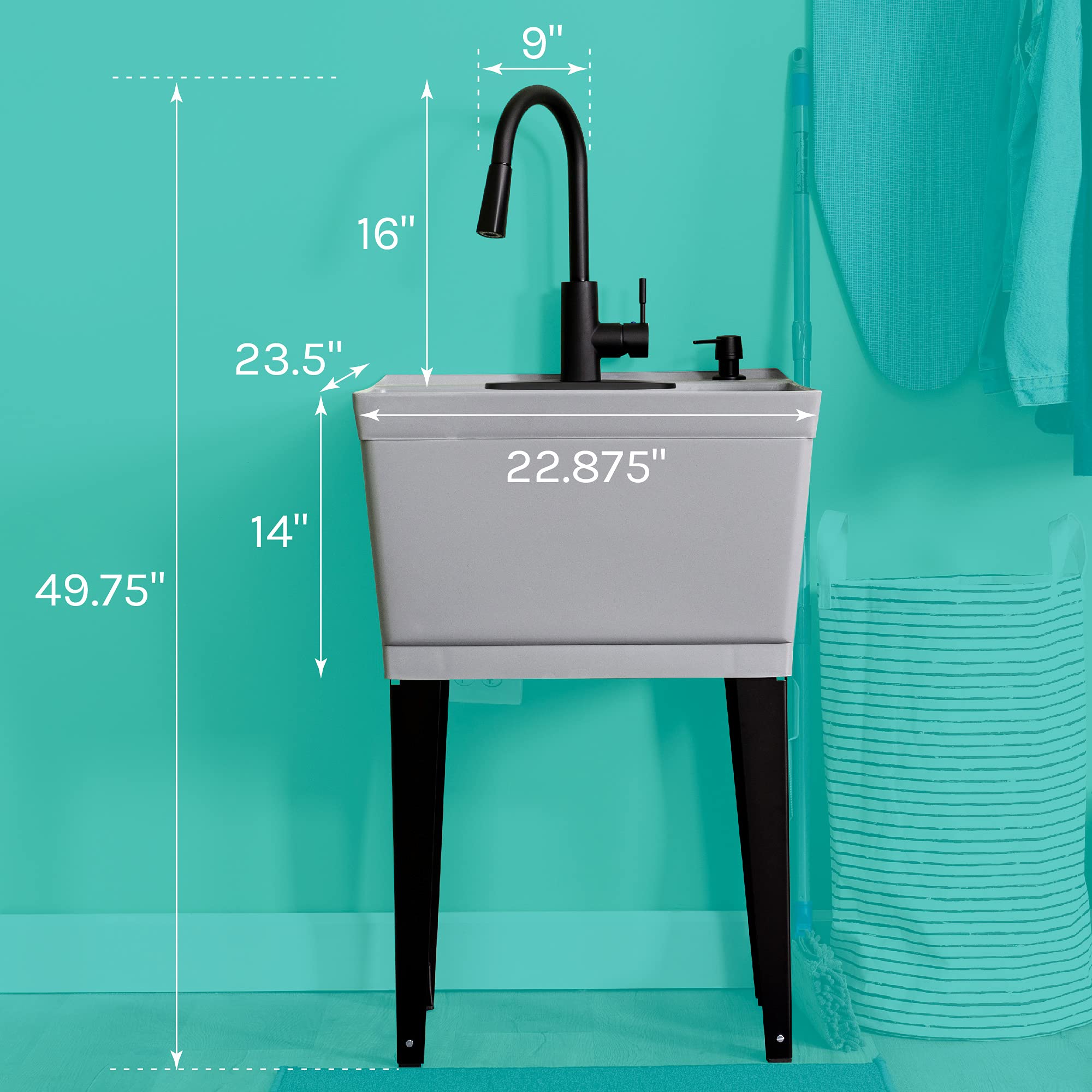 Grey Utility Sink Laundry Tub With High Arc Black Faucet By VETTA - Pull Down Sprayer Spout  Heavy Duty Slop Sinks For Washing Room  Basement  Garage  or Shop  Free Standing Tubs