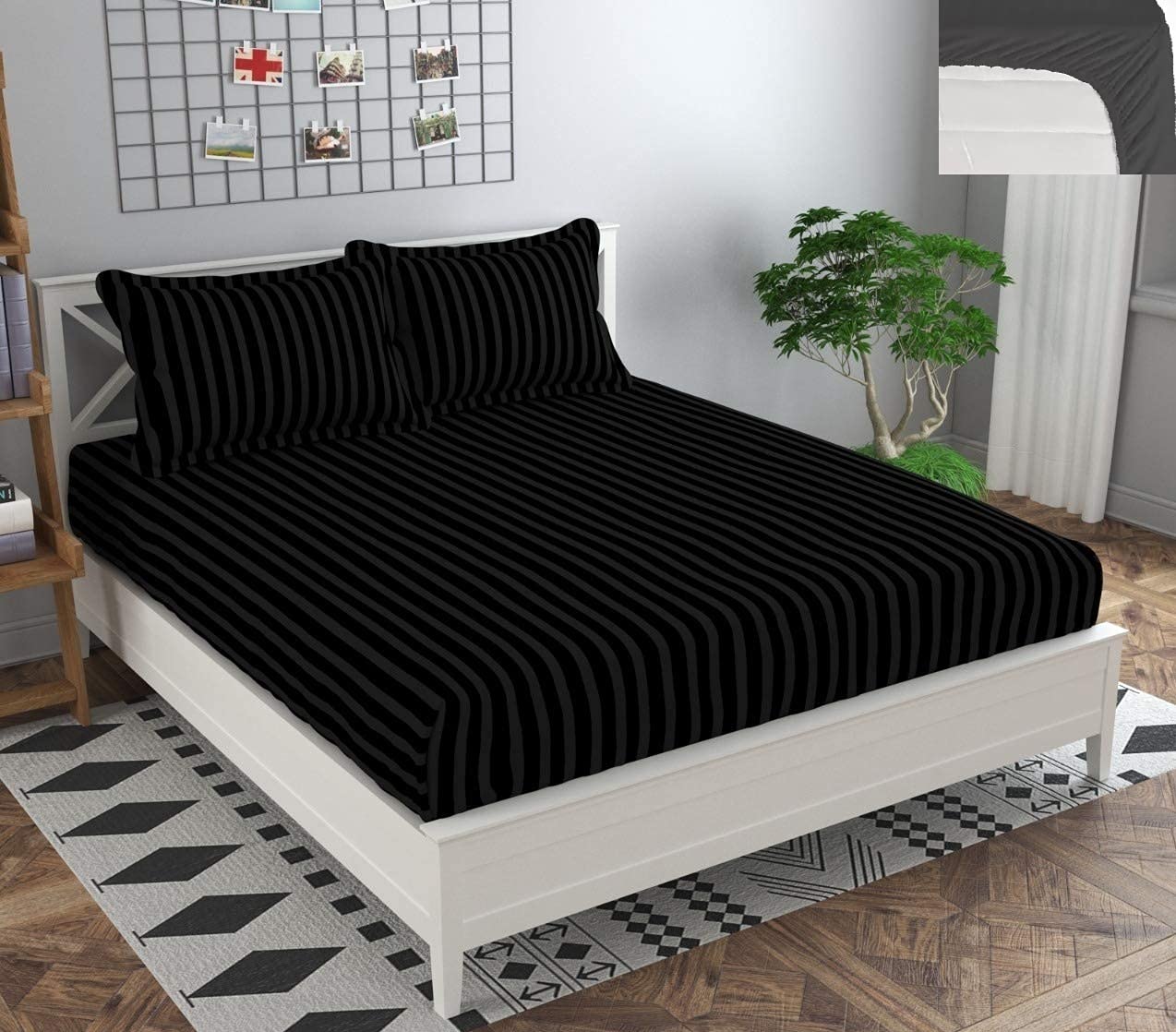 Kawi Satin Cotton 210 Tc Striped Elastic Fitted Bedsheet Queen Size (78X72Xup To 6 Inches Mattress)-Black Color
