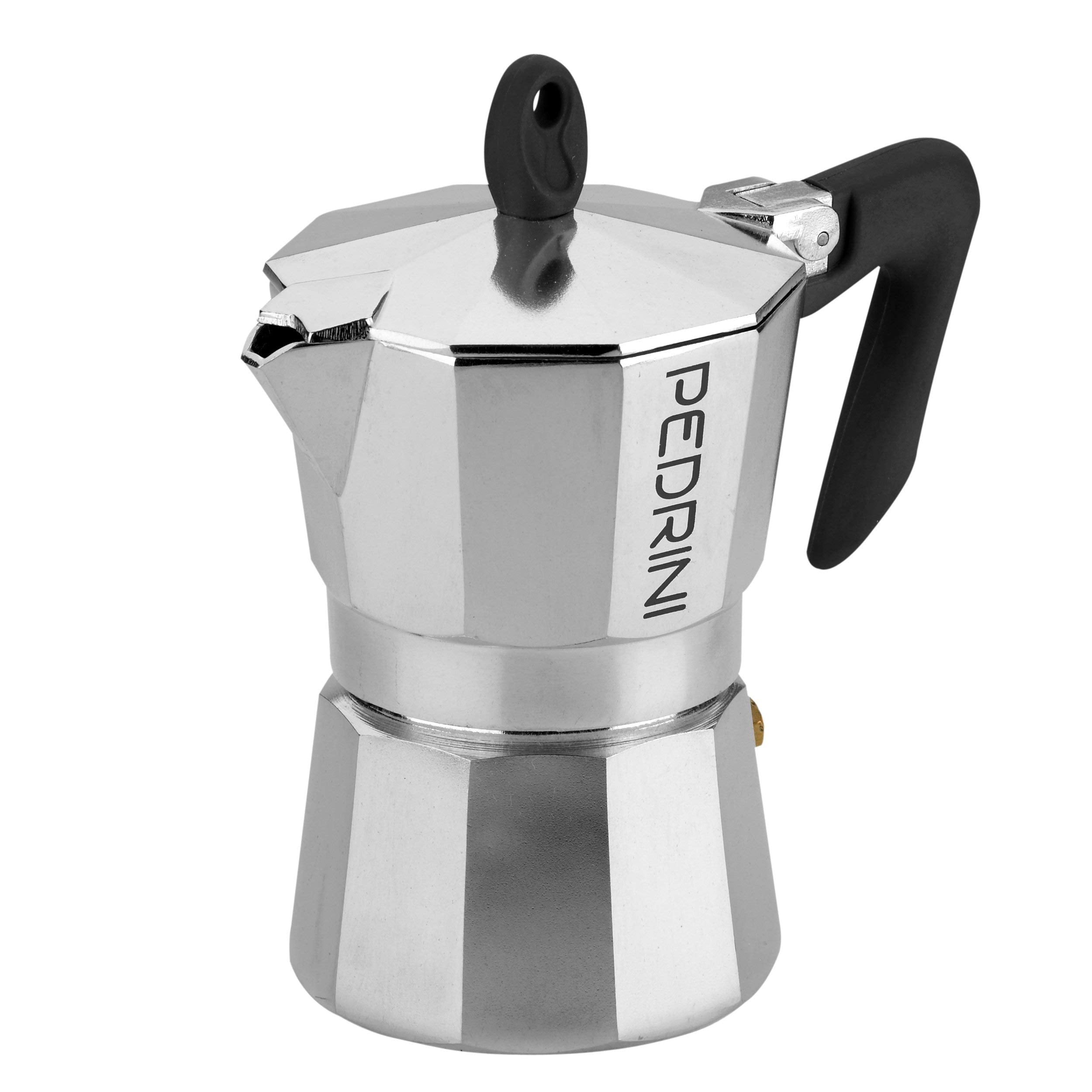 Pedrini-Italy Aluminium Moka Pot 3 Cup Coffee Maker/Mocha Pot/Stovetop Coffee Maker ; Product From Italy, Since 1941. (Black, 3 
