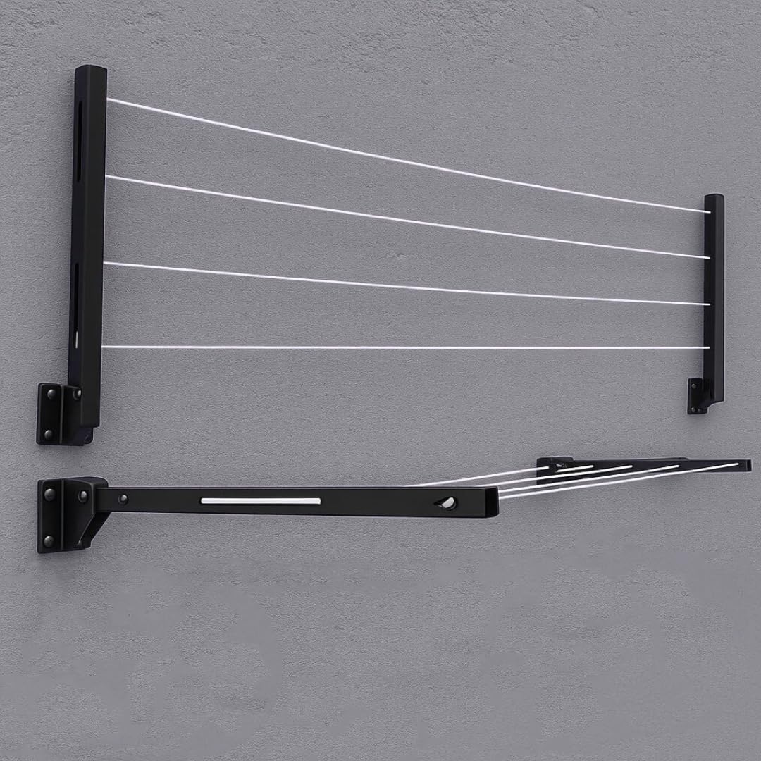 Enicet Metal Foldable Wall Mount Cloth Drying Stand With 30 Feet Rope/Wall Hanging Clothes Dryer Rack For Balcony & Indoor Use/S