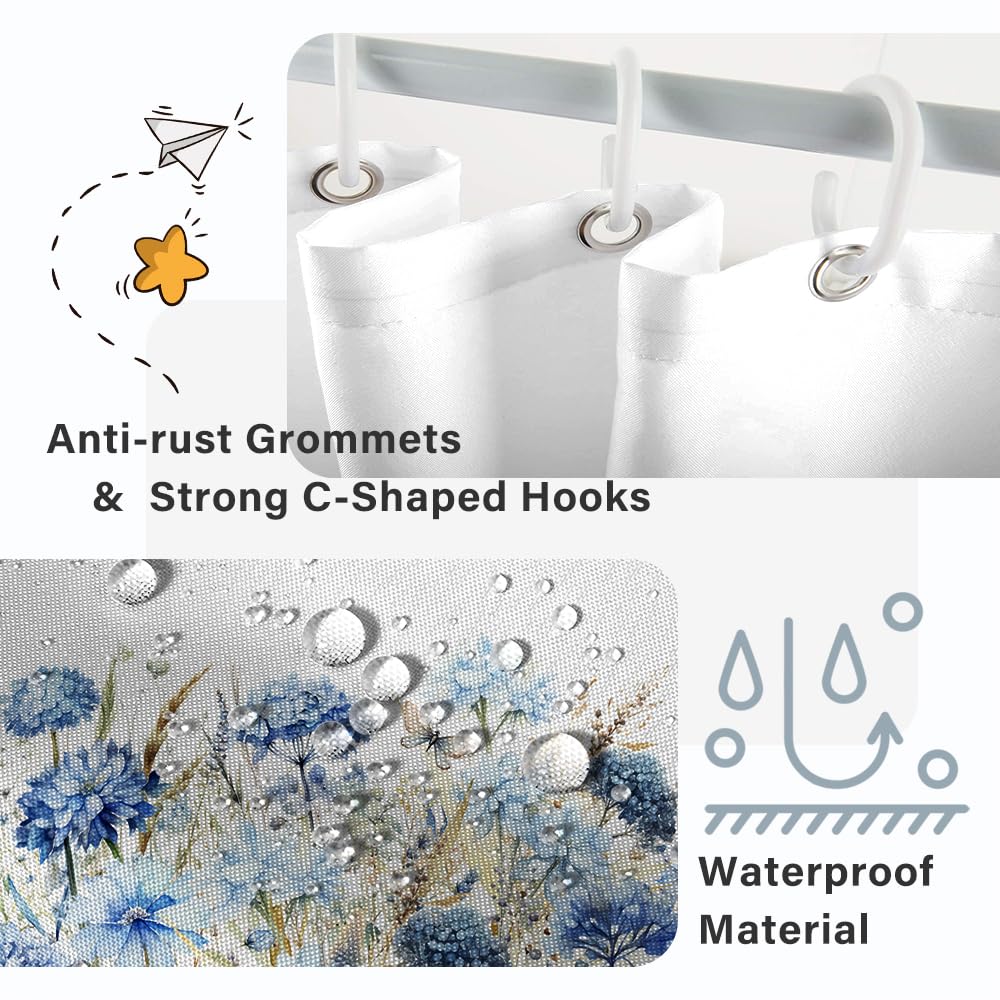 Ruelvth Stall Shower Curtain, Blue Hydrangea Floral Small Shower Curtain Set With Hooks Waterproof Fabric Aesthetic Rv Bathroom