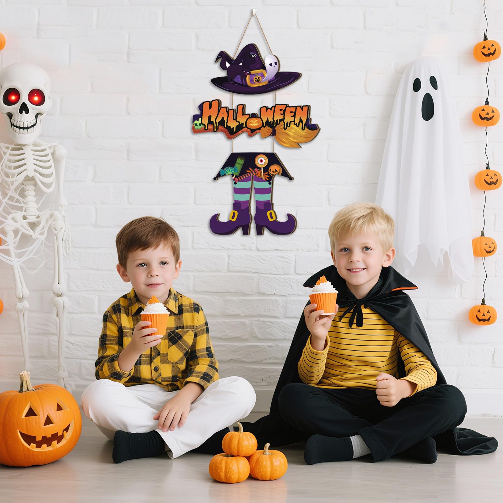 Aurlan Halloween Witch Legs Hat Wooden Hanging Sign, Trick Or Treat Door Decor, Spooky Ghost Decor, 11.42X11.42 inch, Wood