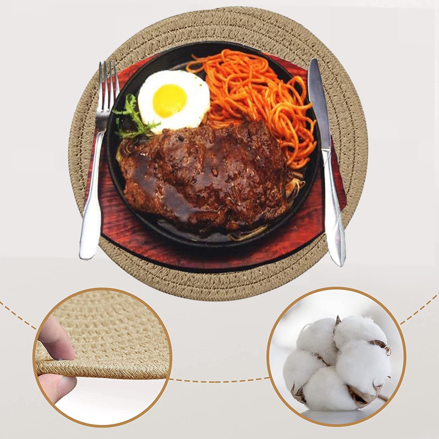 Wenfome 6 Pack Round Woven Placemats,13.8 Inch Plate Chargers Brown Cotton Thick Place Mats Cotton Rope Braided Tablemats Rattan
