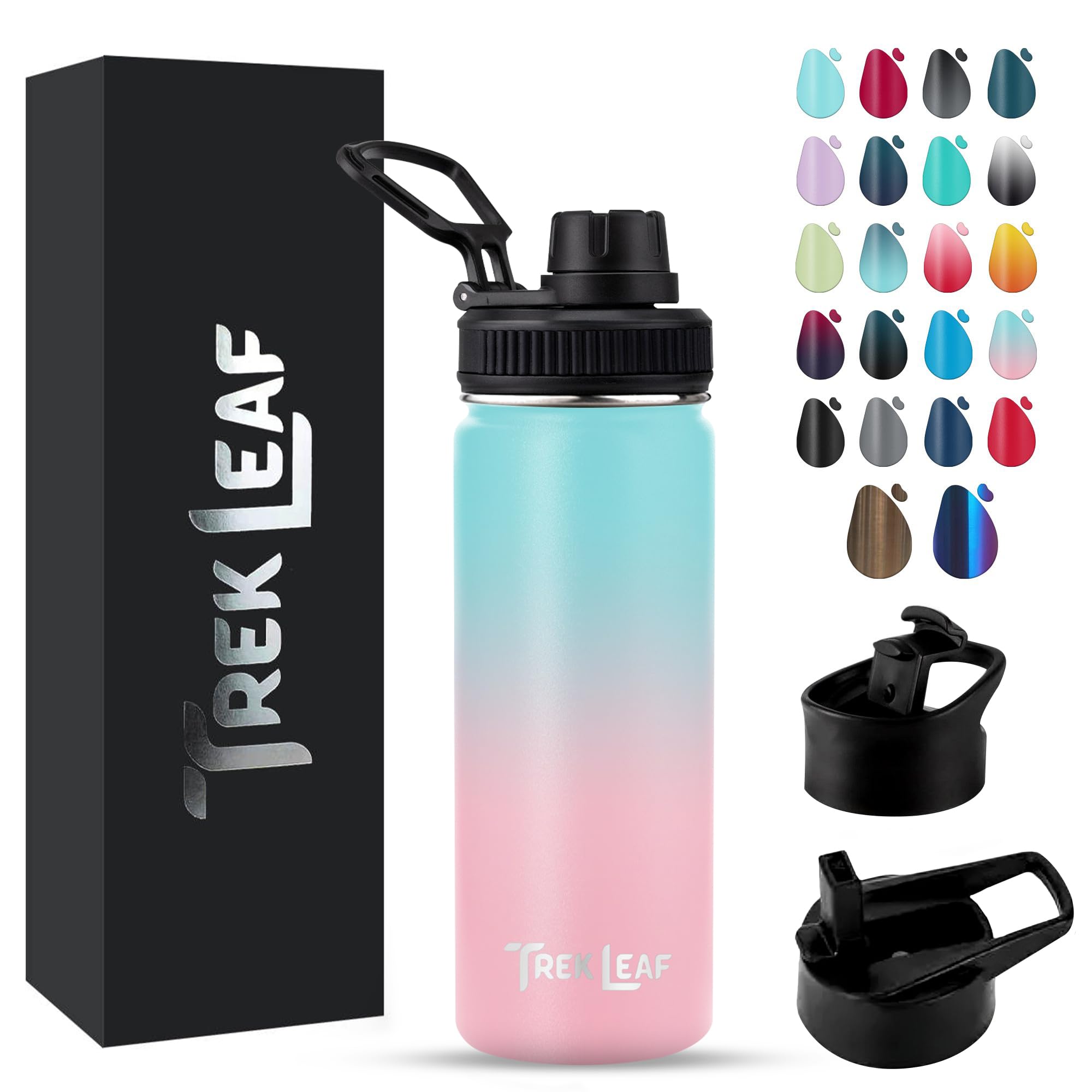 Trek Leaf Travel Water Bottle with 3 Lids (Spout, Straw, Flip) Leak Proof, Quality, Vacuum Insulated, Stainless Steel (Hydrangea