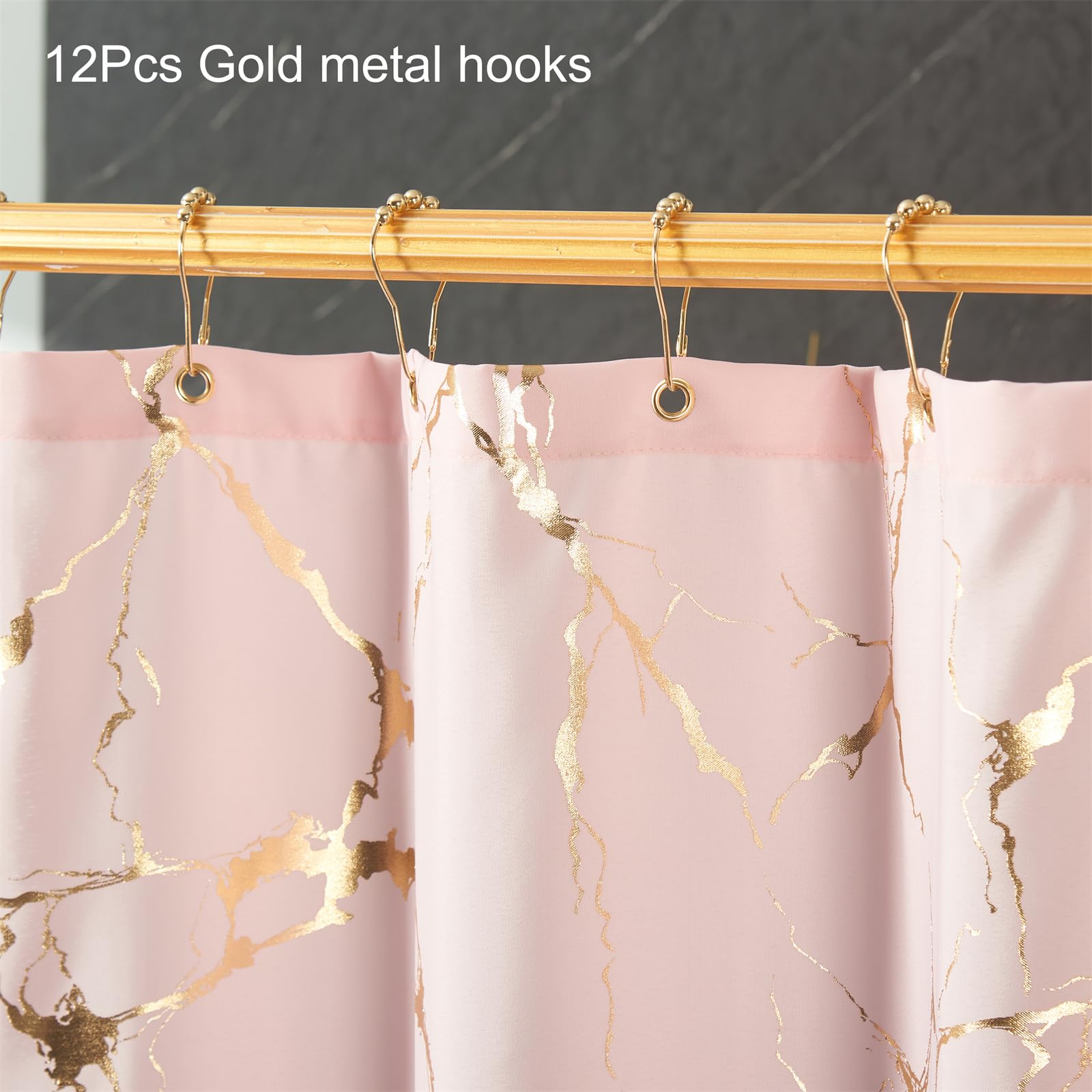 Pink Fabric Shower Curtain,Pink And Gold Marble Shower Curtains For Bathroom With Hooks,Unique Glitter Metallic Gold Foil Printe