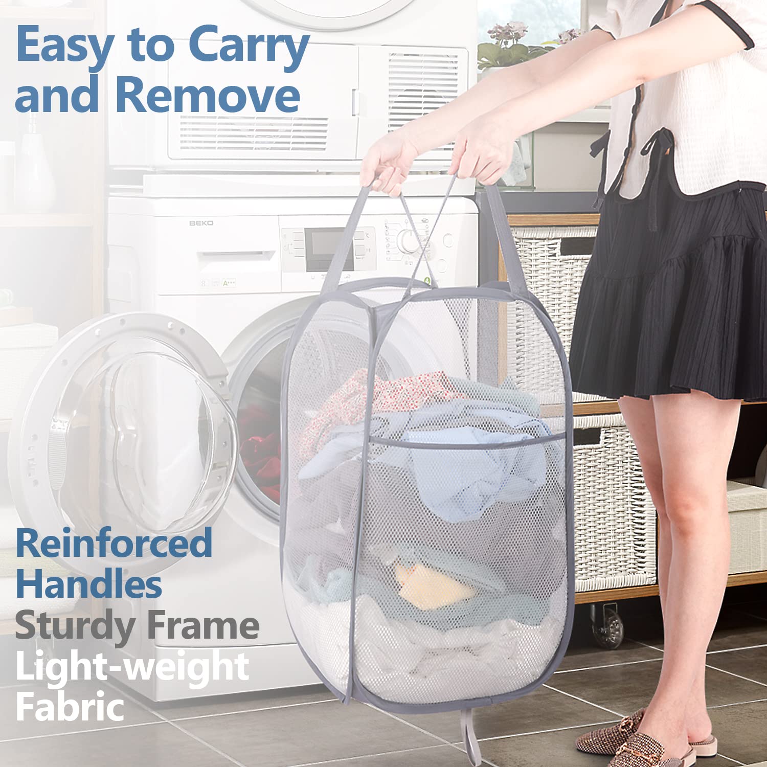 Deluxe Strong Mesh Pop up Laundry Hamper Basket with Side Pocket for Laundry Room  Bathroom  Kids Room  College Dorm or Travel Grey