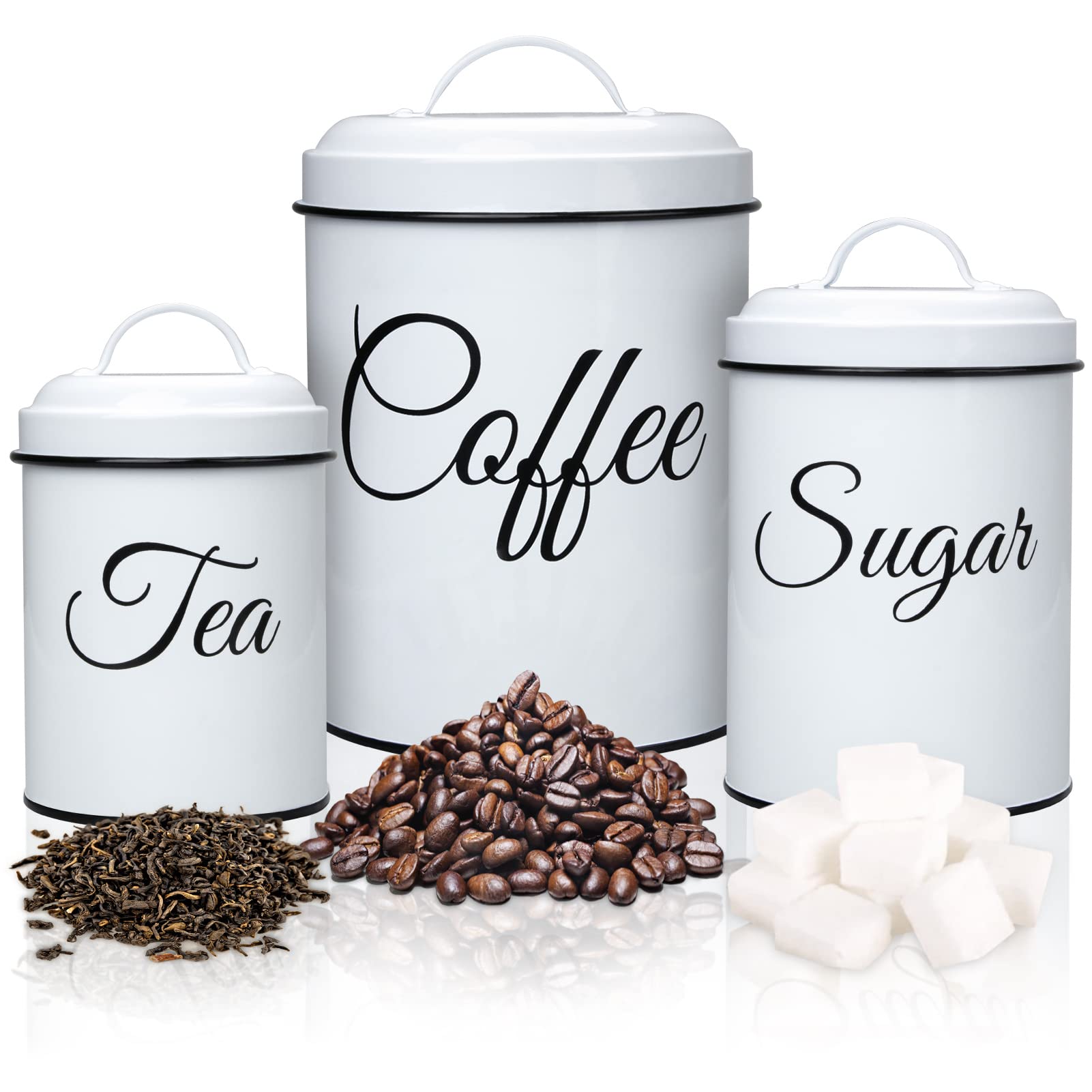 Coffee Tea Sugar Containers For Countertop, 3-Piece Stainless Steel Kitchen Canisters Set, Sugar Jar Coffee Jar With Lids For Fr