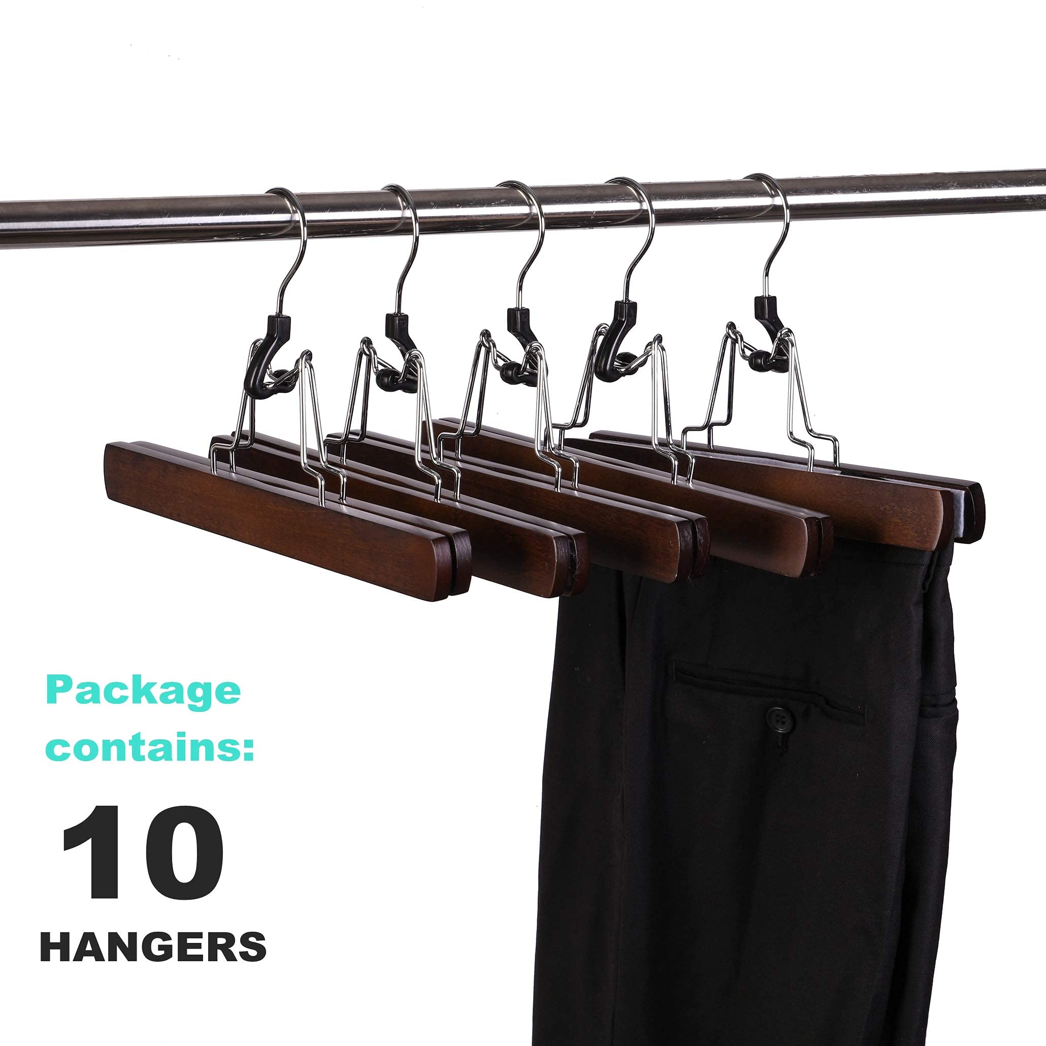 Amber Home 10 Pack Walnut Wooden Pants Hangers, Wood Clamp Hangers With Non Slip Padded Velvet, Jeans/Slacks Hangers Hair Extens