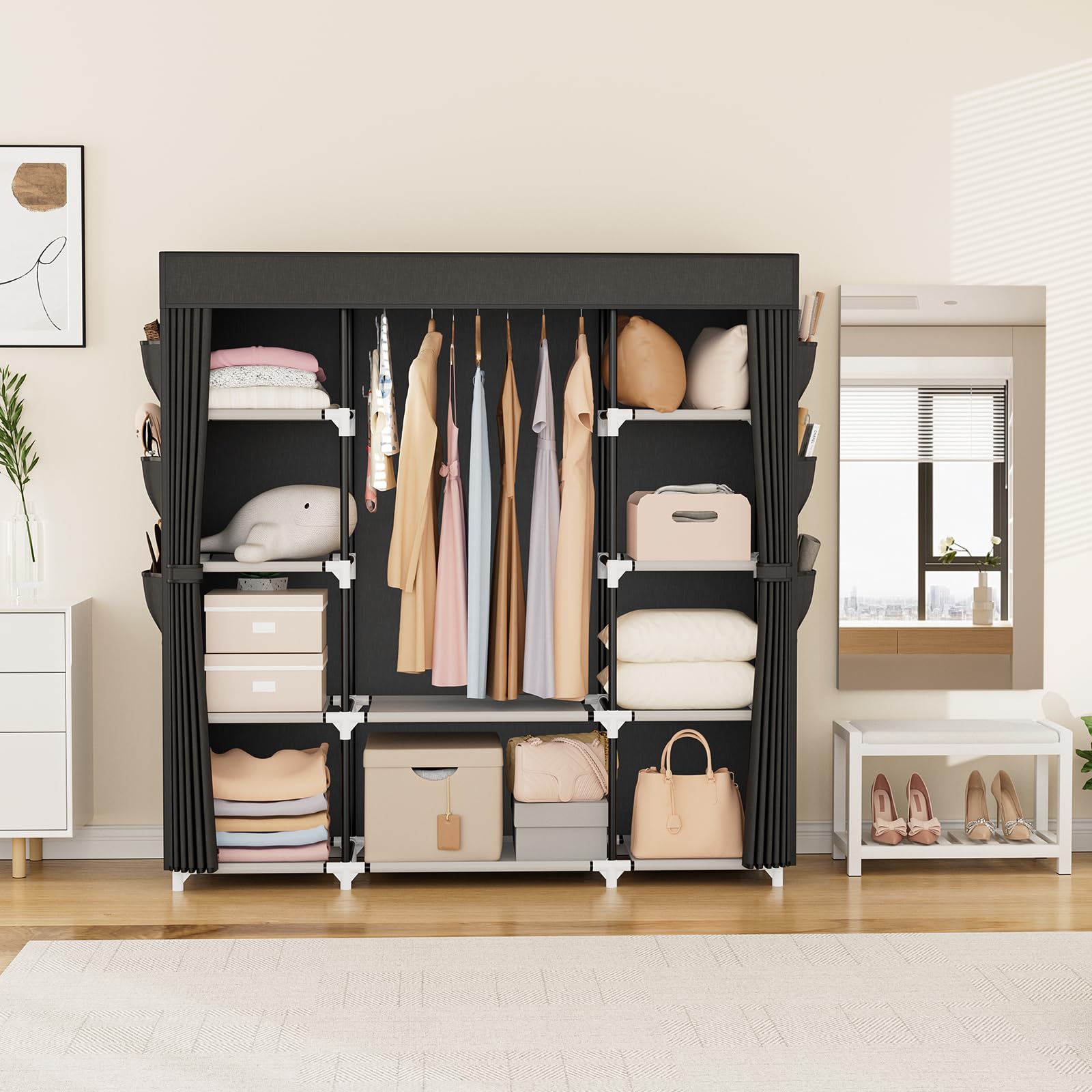 Vtrin Portable Closet Wardrobe For Hanging Clothes 57.3 Inch Large Capacity Clothes Rack With Cover, 10 Storage Organizer Shelve