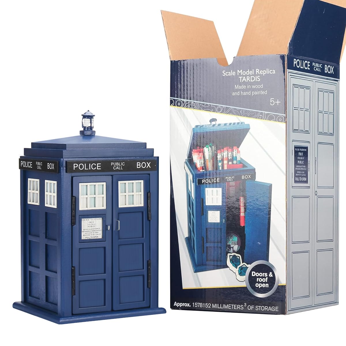 CEDAR ALPHA Wooden Tardis Cookie Jar & Desk Shed, Blue Pen Holder Container