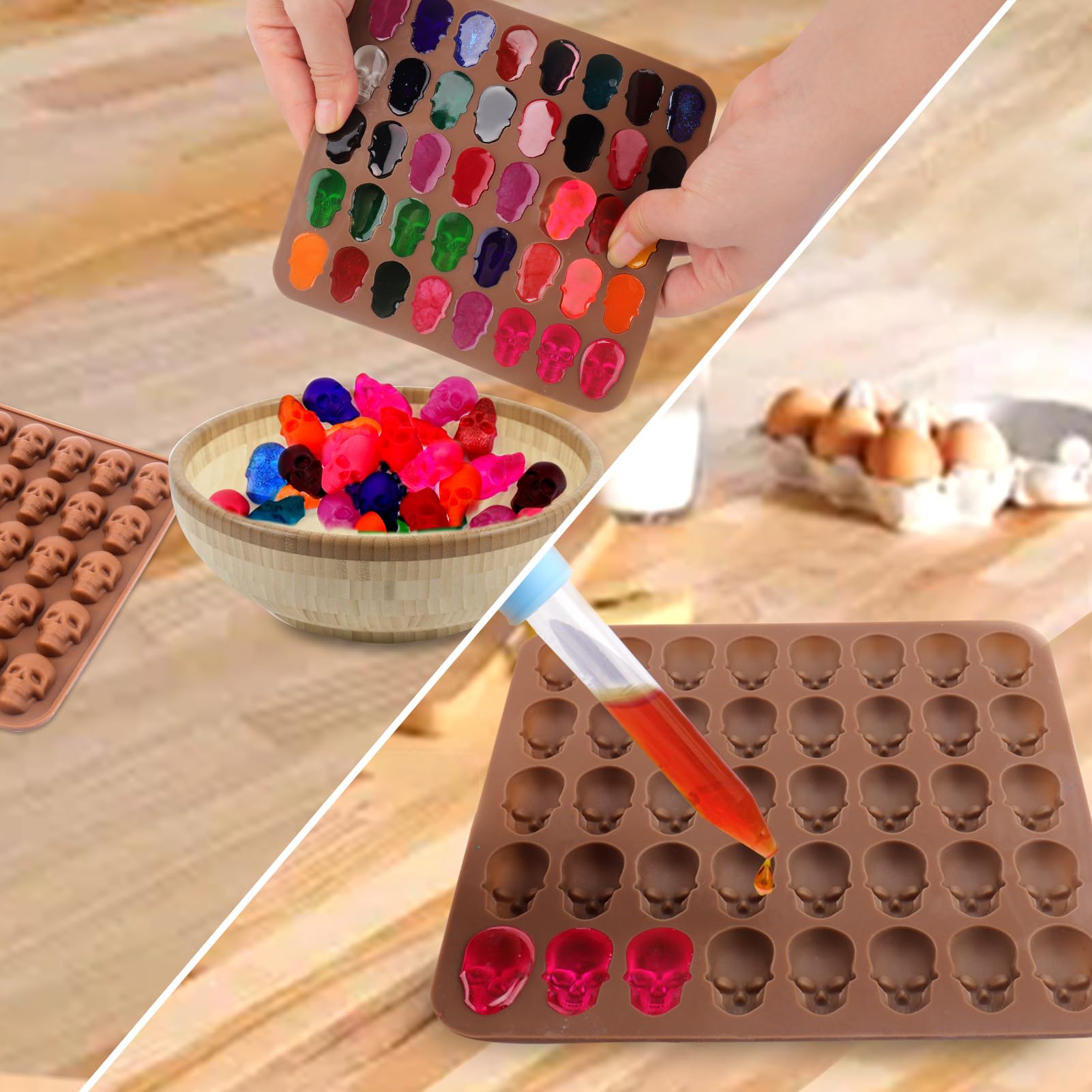 BUSOHA Silicone Gummy Skull Candy Molds, 2 Pack, 40 Cavity, Non-Stick, Coffee Brown, Model DA-391, Includes 1 Dropper
