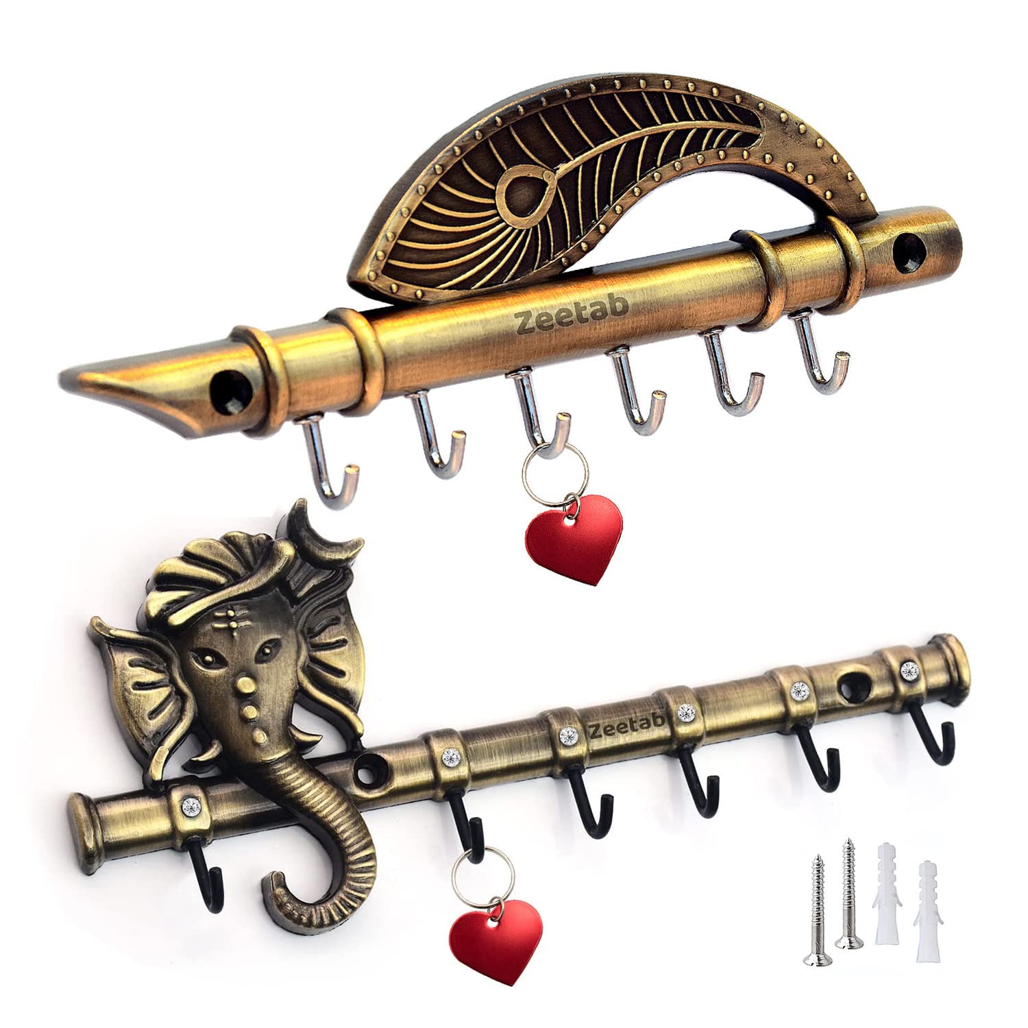 Zeetab Antique Krishna Flute & Ganesha Key Holder, Metal Ganpati Key Stand & Hanger with 6 Hook Wall Mount, Home Decor Gift (Pac