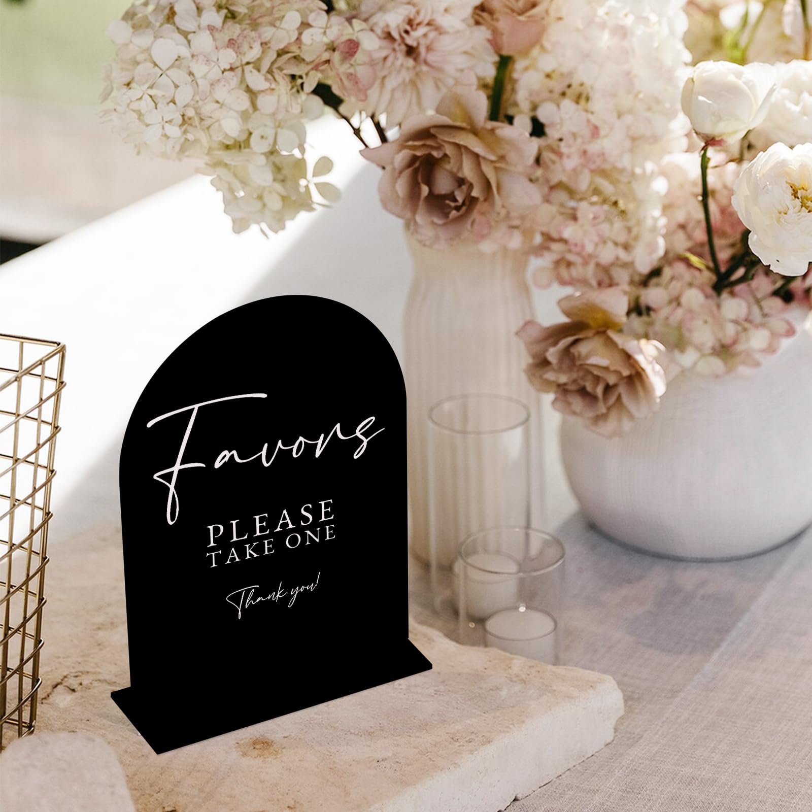 Acrylic Favors Sign with Stand- 5x7 Black Arched Wedding Sign and Base,1/8 Thick | Modern Calligraphy Arch Acrylic TableTop Sign