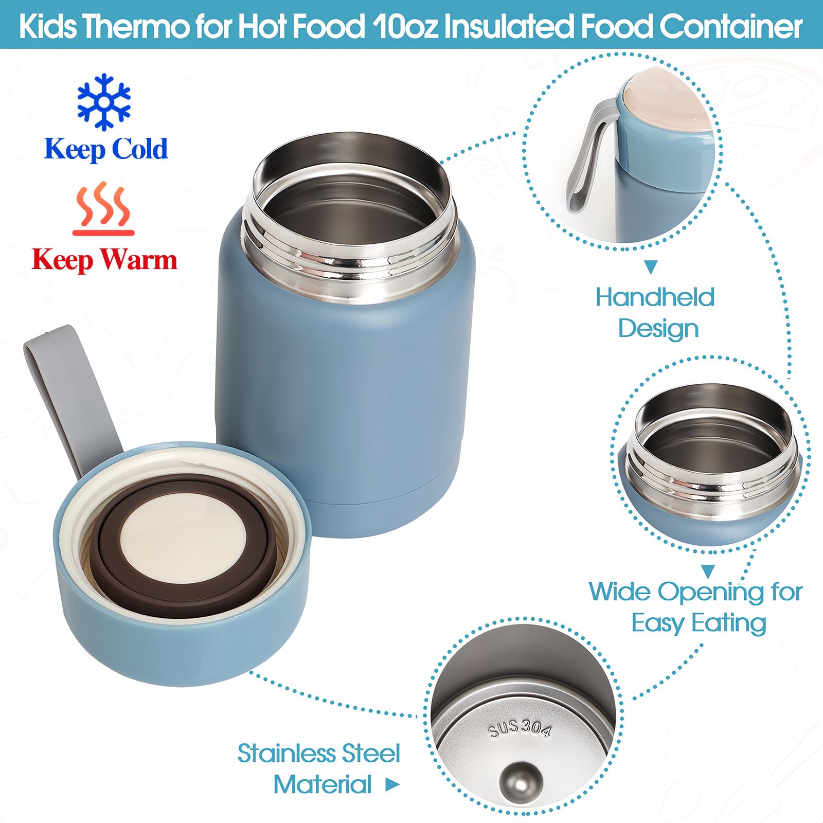 Kids Lunch Bag with 10oz Thermos, with 6 Compartment Bento Box, Blue Nylon Insulated Preppy Lunch Box Adjustable Strap Birthday