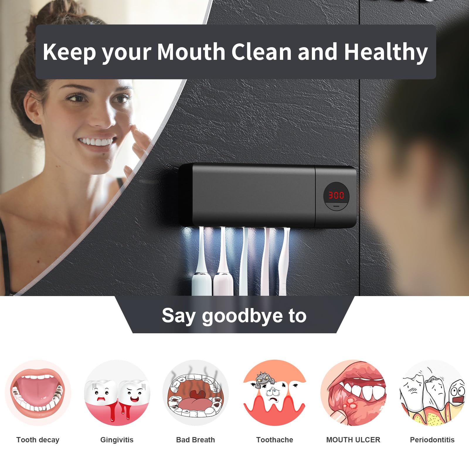 Housegem Toothbrush Holder, Timer Function, 2000Mah Rechargeable Cordless Wall-Mounted Bathroom (Black)