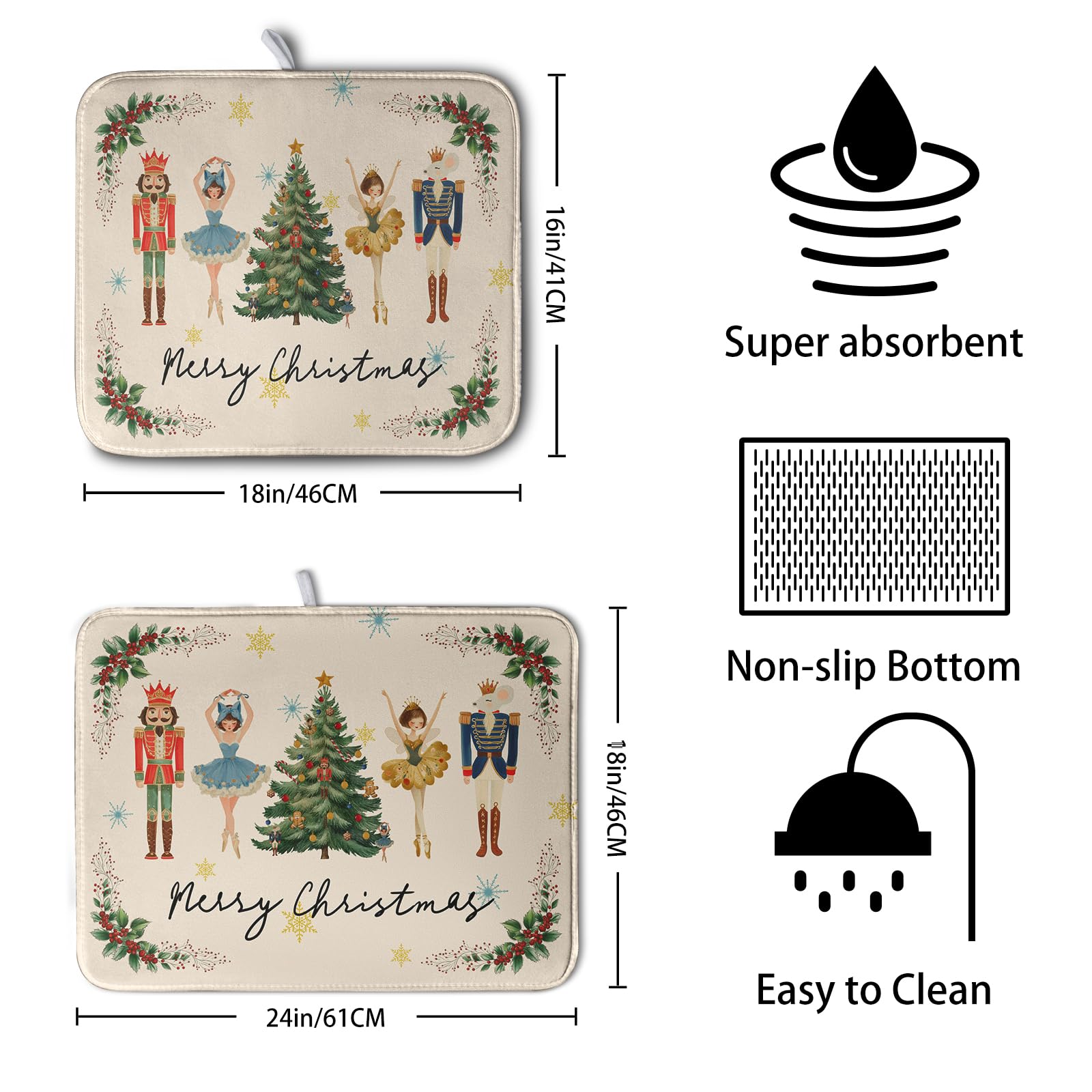 Merry Christmas Nutcracker Dish Drying Mat for Kitchen Counter 18x24 Inch Winter Xmas Tree Snowflakes Drying Mats Microfiber Abs