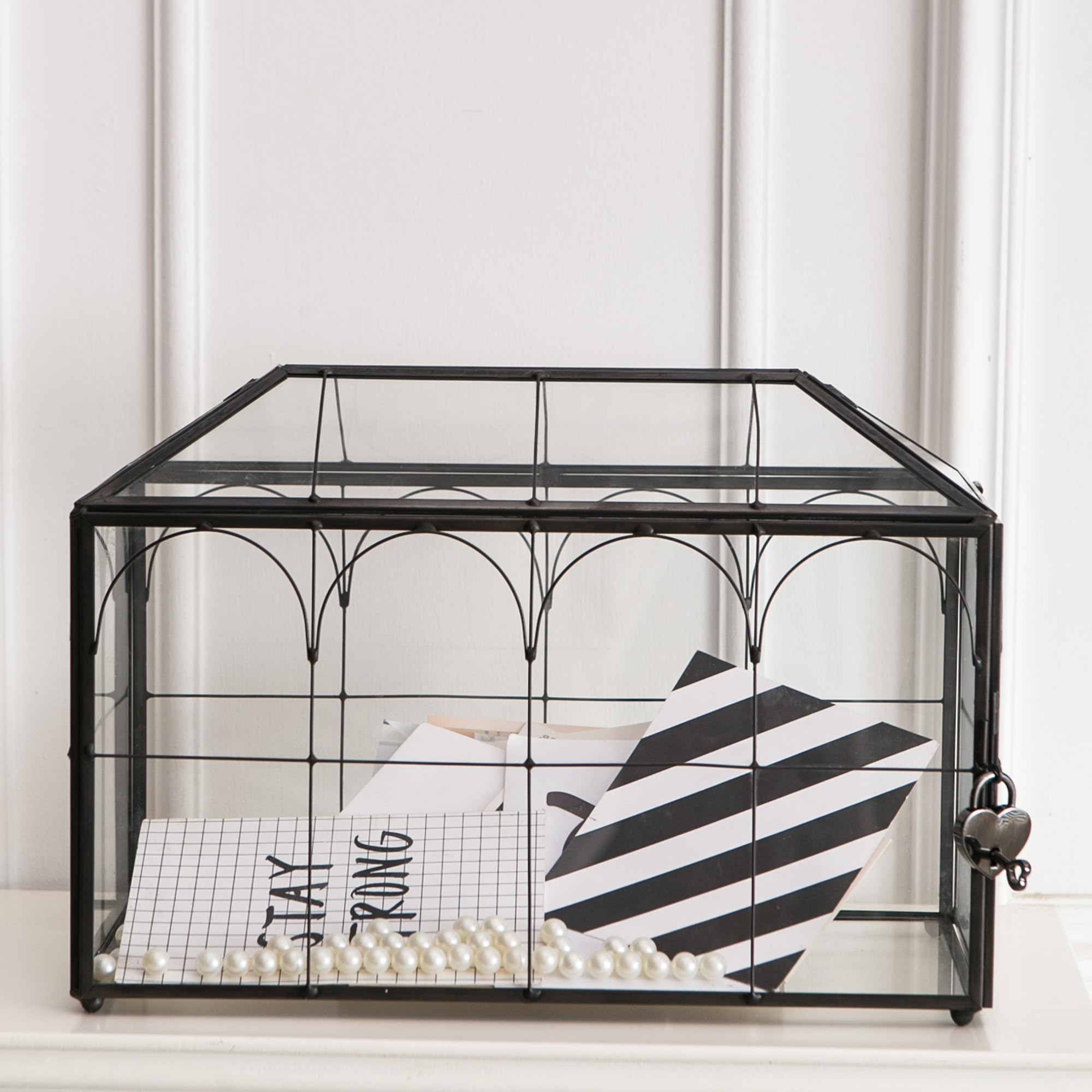 Giadun Wedding Card Box with Slot, 12.6'' Large Glass Card Boxes for Reception, Black Geometric Holder, Clear Decorative Storage