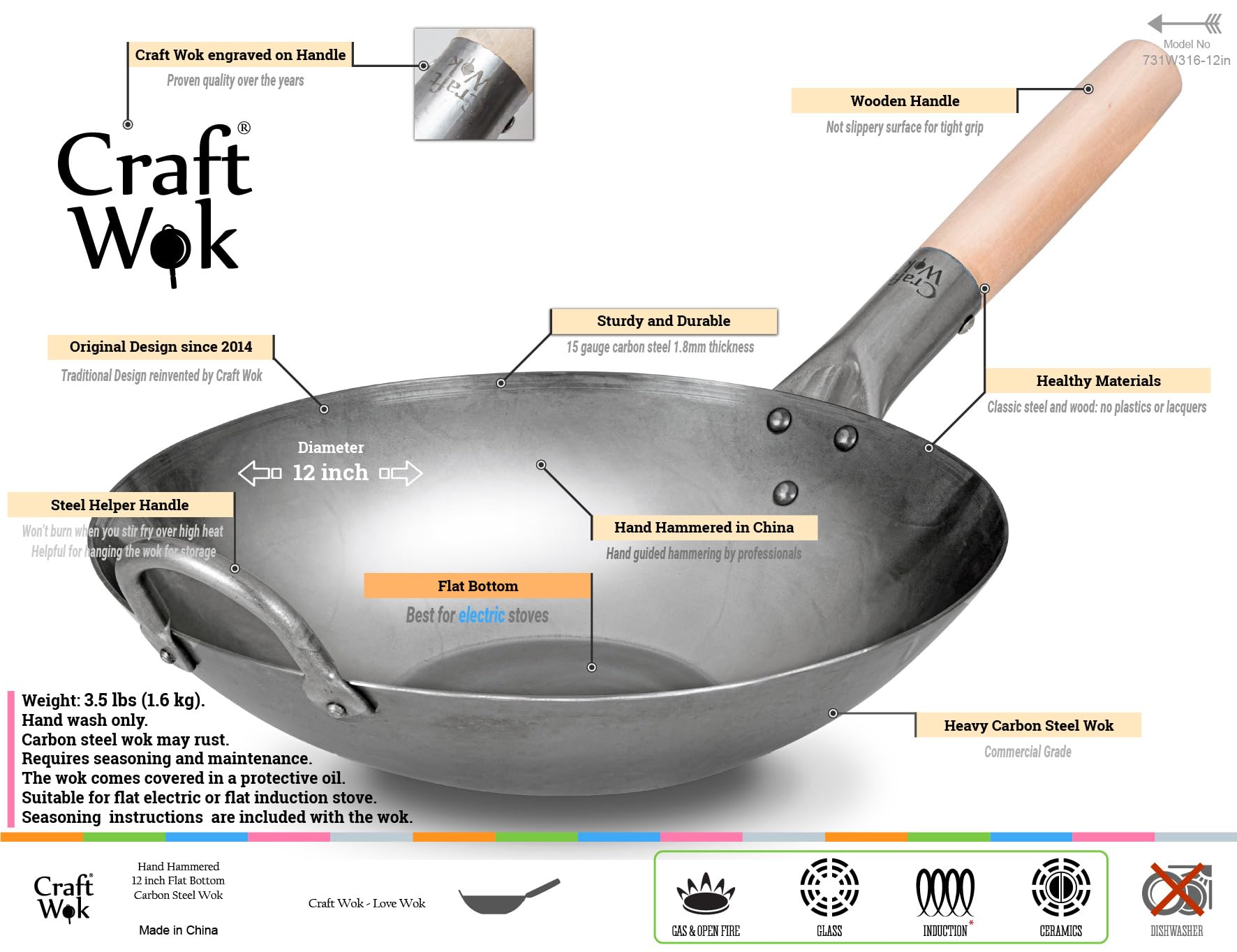Craft Wok 12 Inch Flat Hand Hammered Carbon Steel Pow Wok with Wooden and Steel Helper Handle - Model 731W316