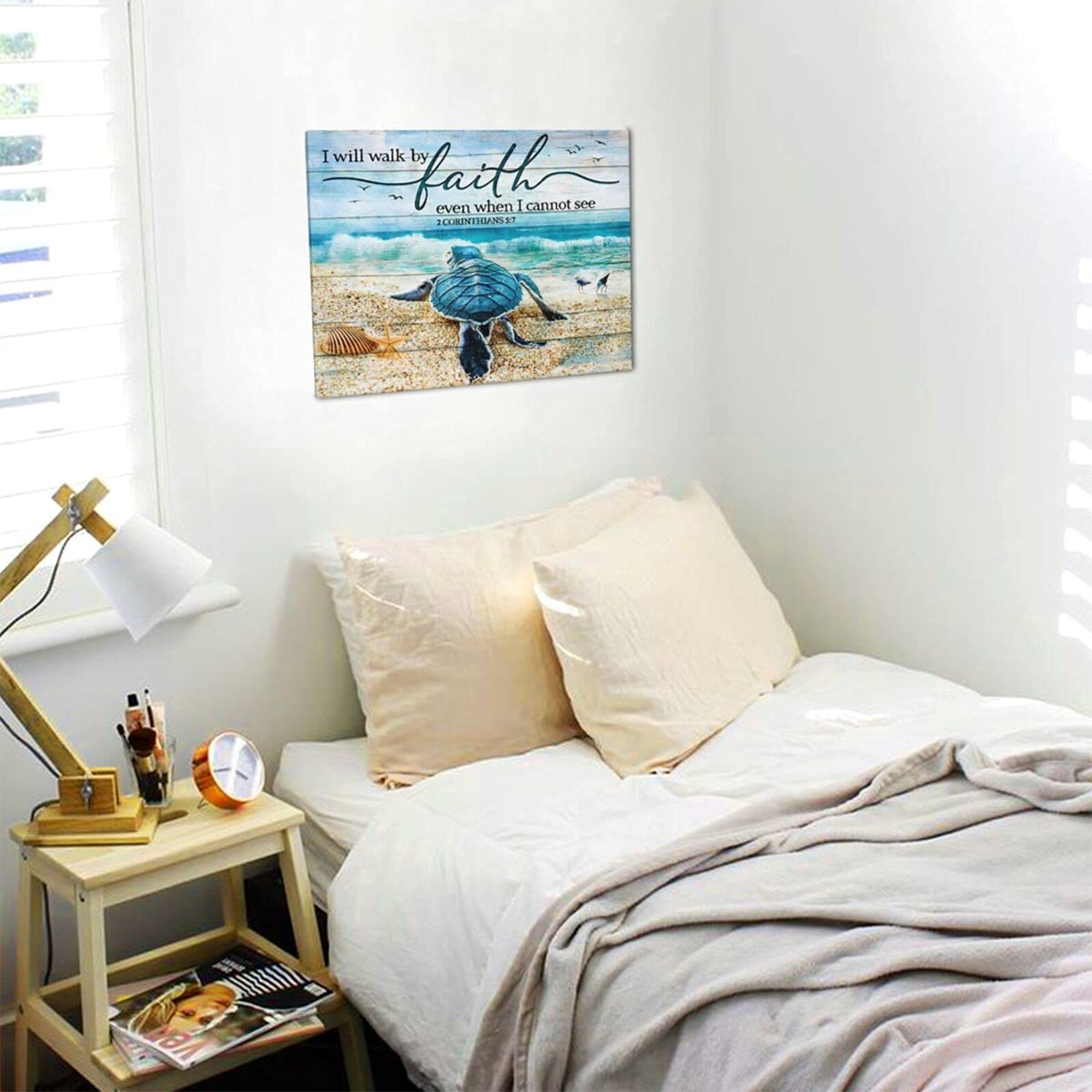 Tourrest Scripture Holy Bible Wall Art Teal Sea Turtle Walk By Faith Canvas Print Quotes Framed Artwork Blue Ocean Beach Coast S