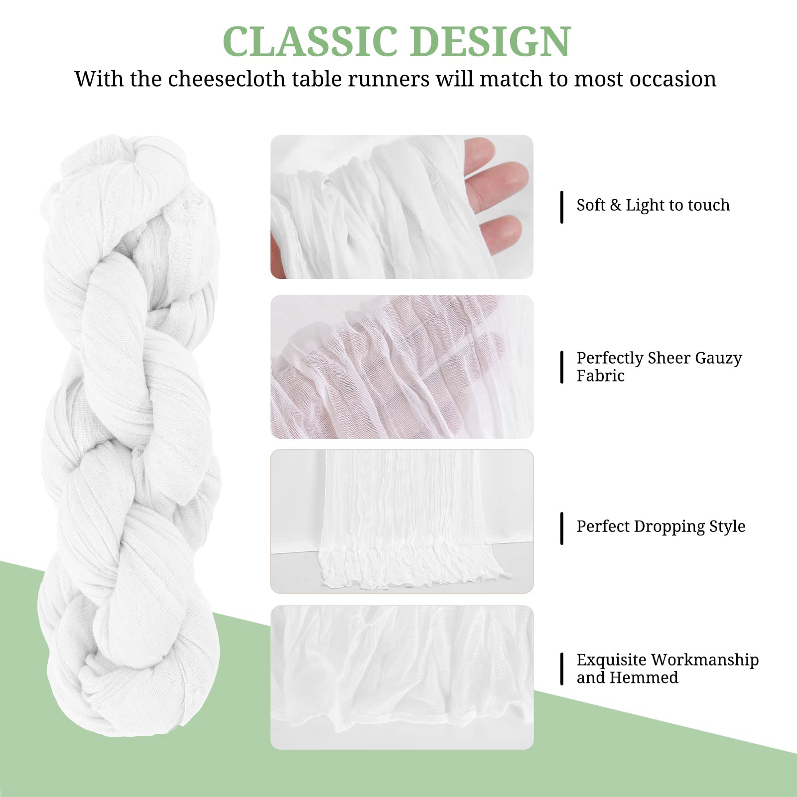 12 Pack Cheesecloth Table Runner 35X120 Inch 10Ft White Gauze Cheese Cloth Table Runner, Boho Rustic Wedding Table Runner For We
