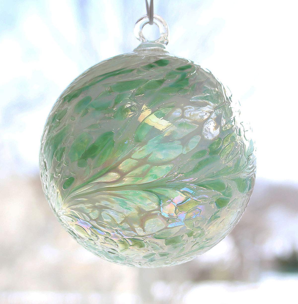 Friendship Ball Mint Jade White 4 Inch Kugel Iridized Witch Ball by Iron Art Glass Designs