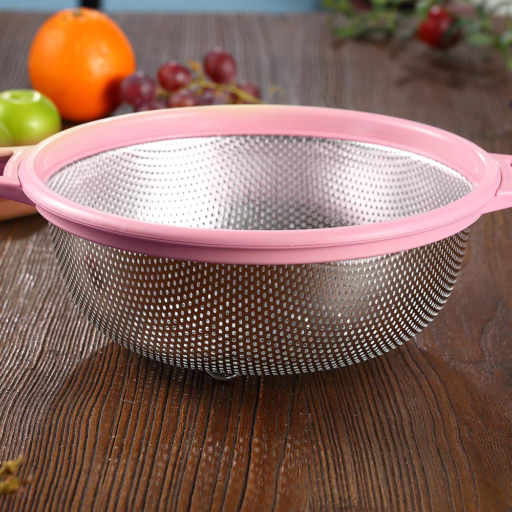 Hiramware Stainless Steel Colander With Handle And Legs, Large Metal Pink Strainer For Pasta, Spaghetti, Berry, Veggies, Fruits,