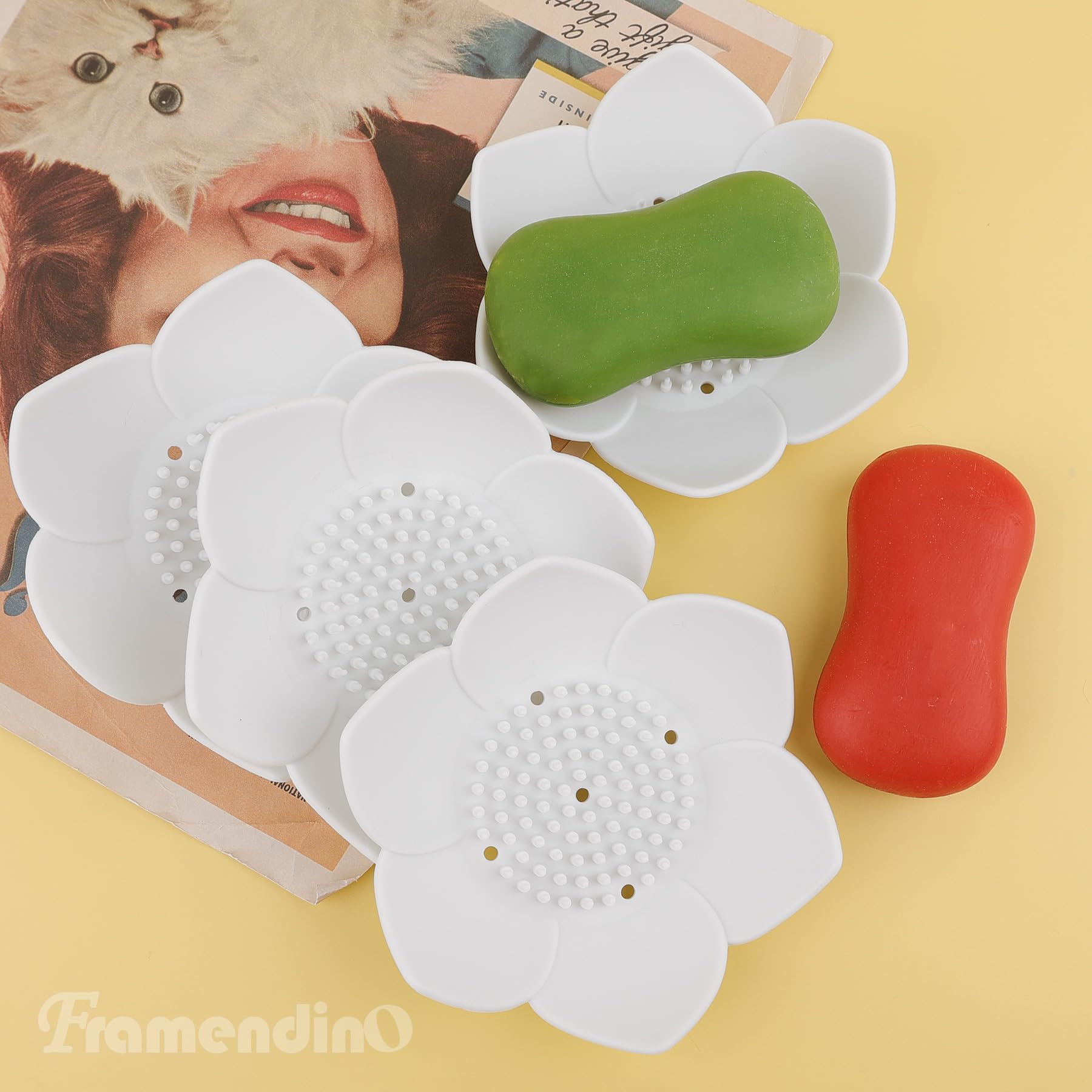 Framendino, 4 Pack White Floral Silicone Soap Dishes Lotus Shaped Design Self-Draining Sponge Bar Soap Holder For Shower Bathroo